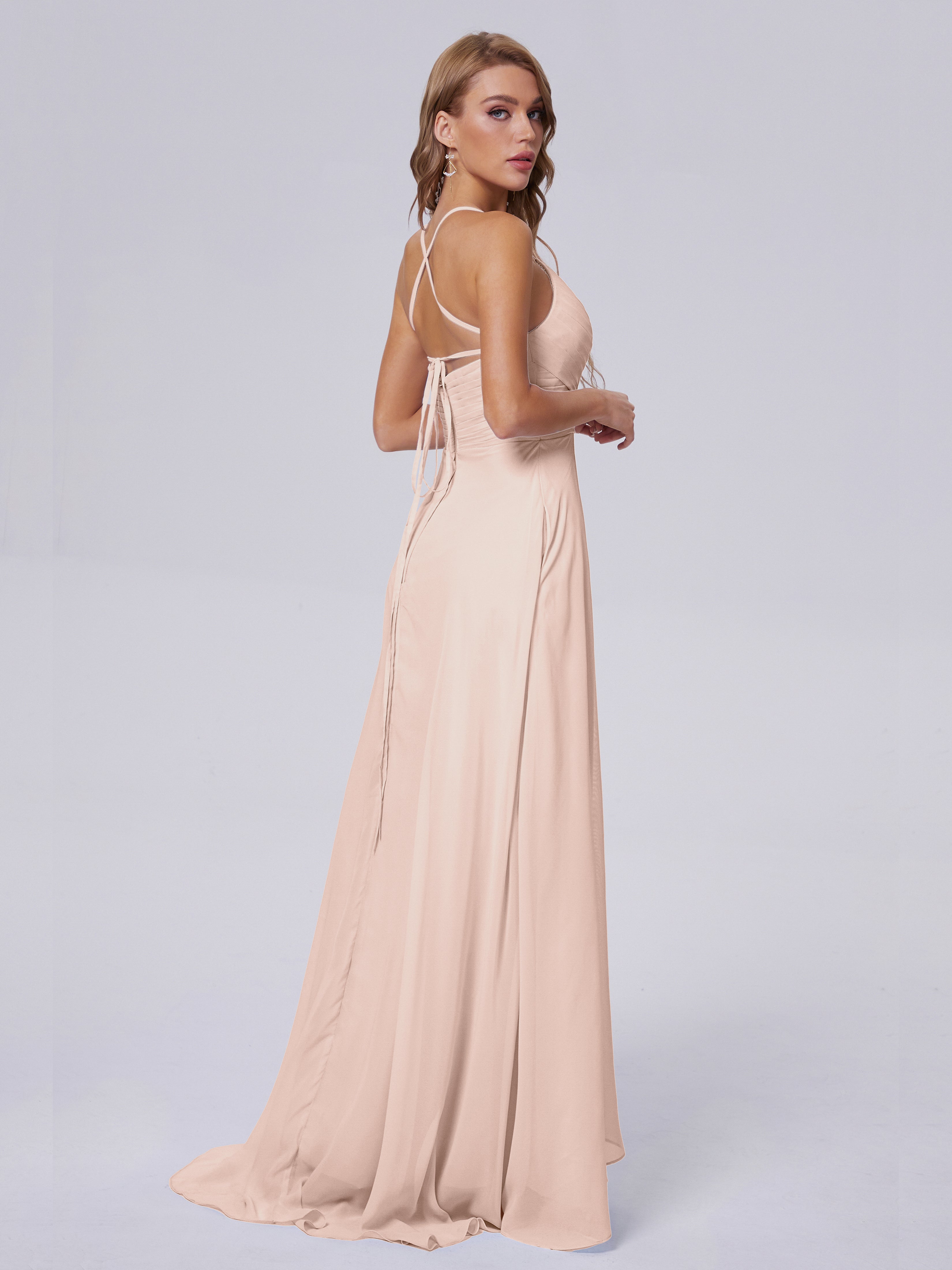 Robe Demoiselle D Honneur Rose Perle Bretelles Spaghetti Fendue Mousseline Robes Demoiselle D'Honneur