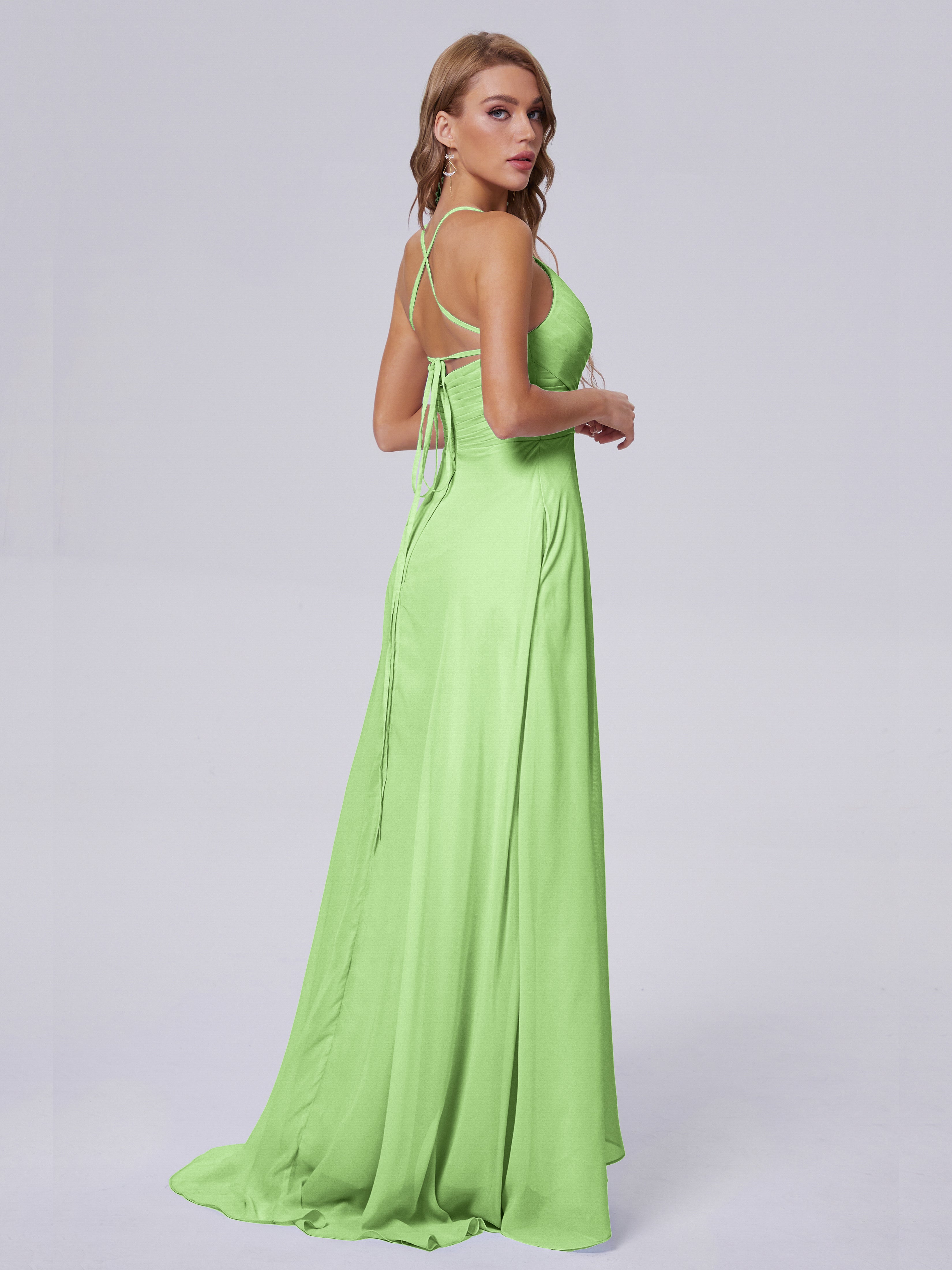 Robe De Demoiselle D Honneur Vert Sauge Bretelles Spaghetti Fendue Mousseline Robes Demoiselle D'Honneur