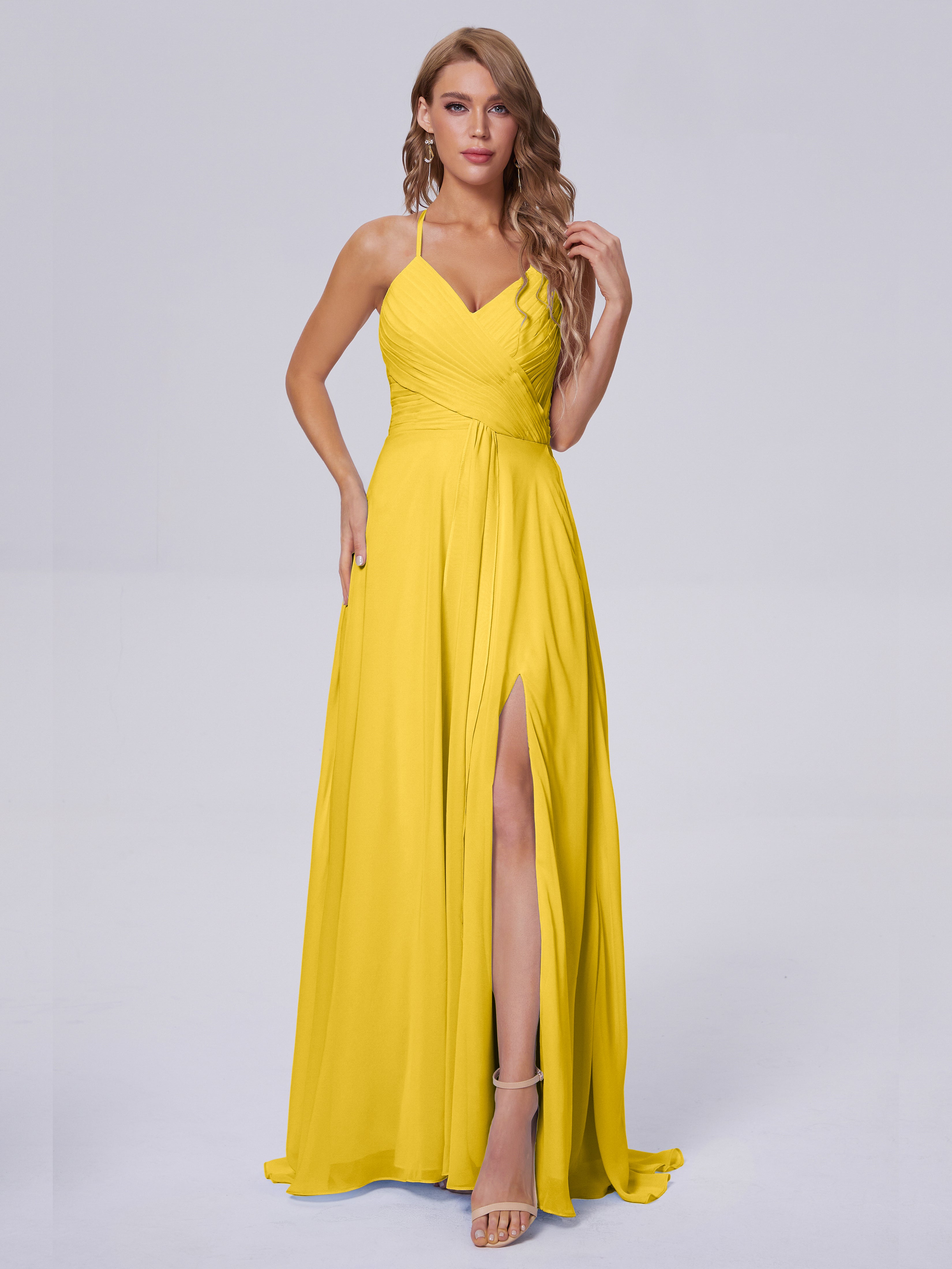 Robe De Demoiselle D'Honneur Souci Bretelles Spaghetti Fendue Mousseline Robes Demoiselle D'Honneur