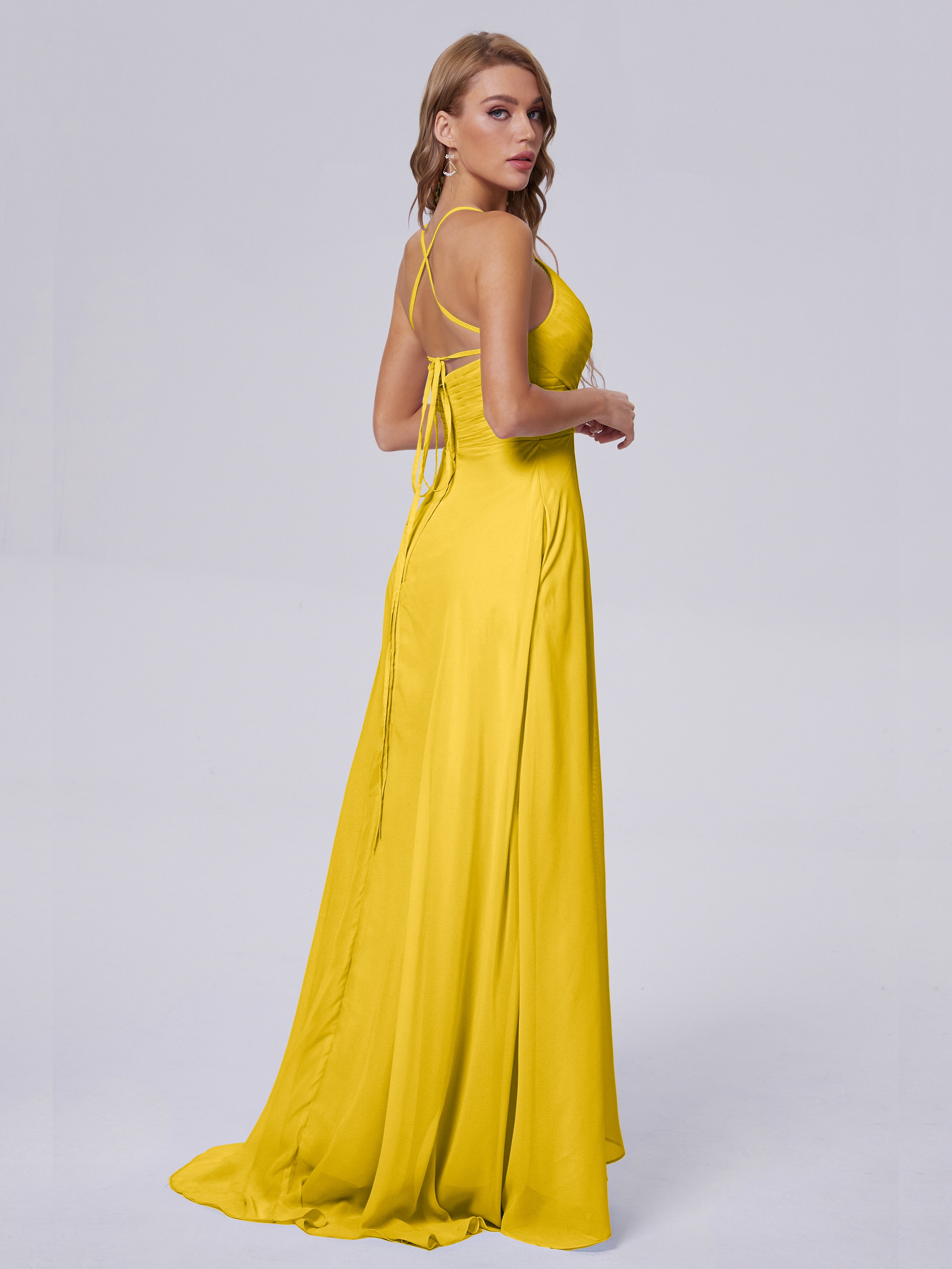 Robe De Demoiselle D'Honneur Souci Bretelles Spaghetti Fendue Mousseline Robes Demoiselle D'Honneur