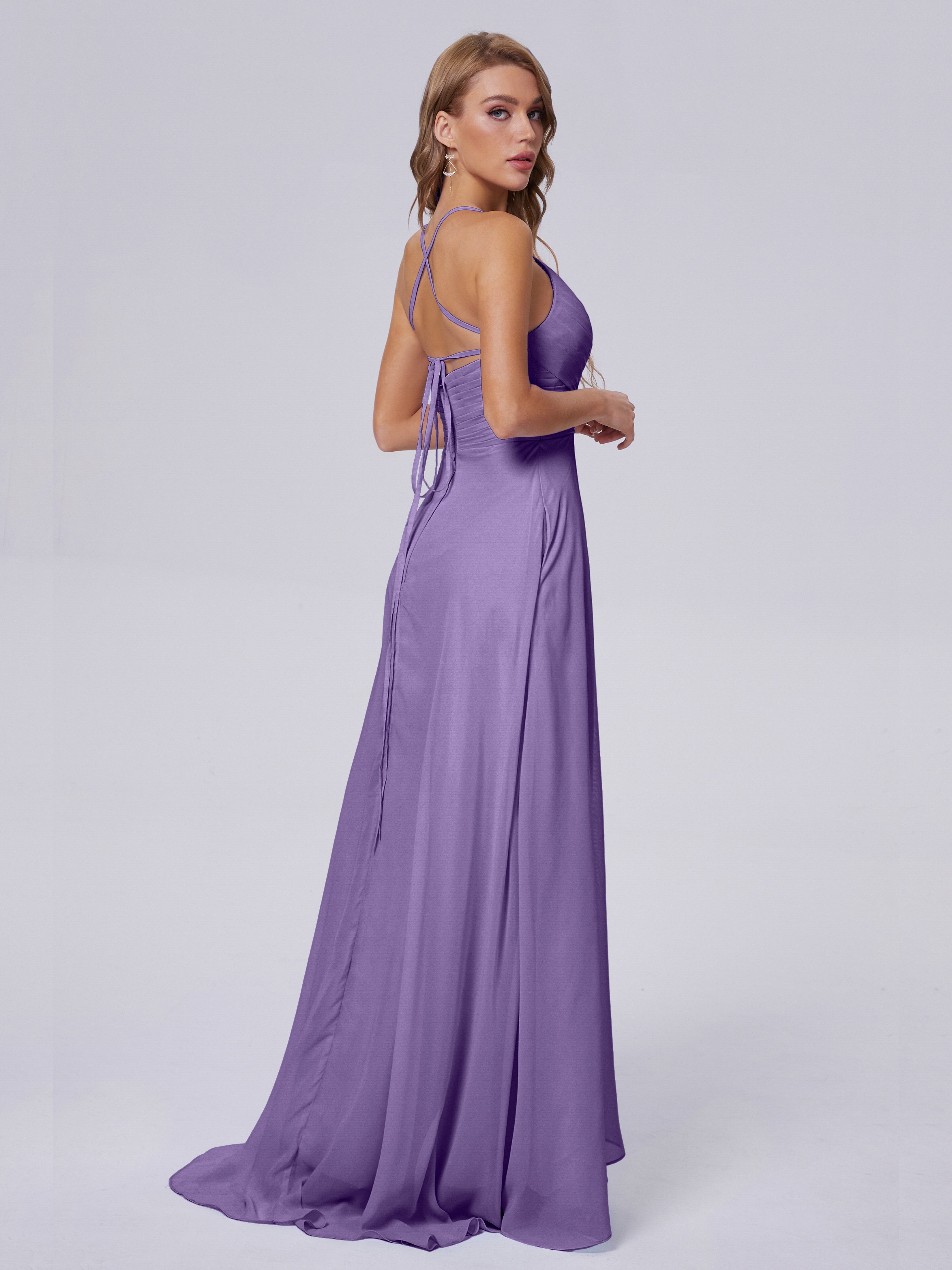 Robes De Demoiselle D'Honneur Tahiti Bretelles Spaghetti Fendue Mousseline Robes Demoiselle D'Honneur