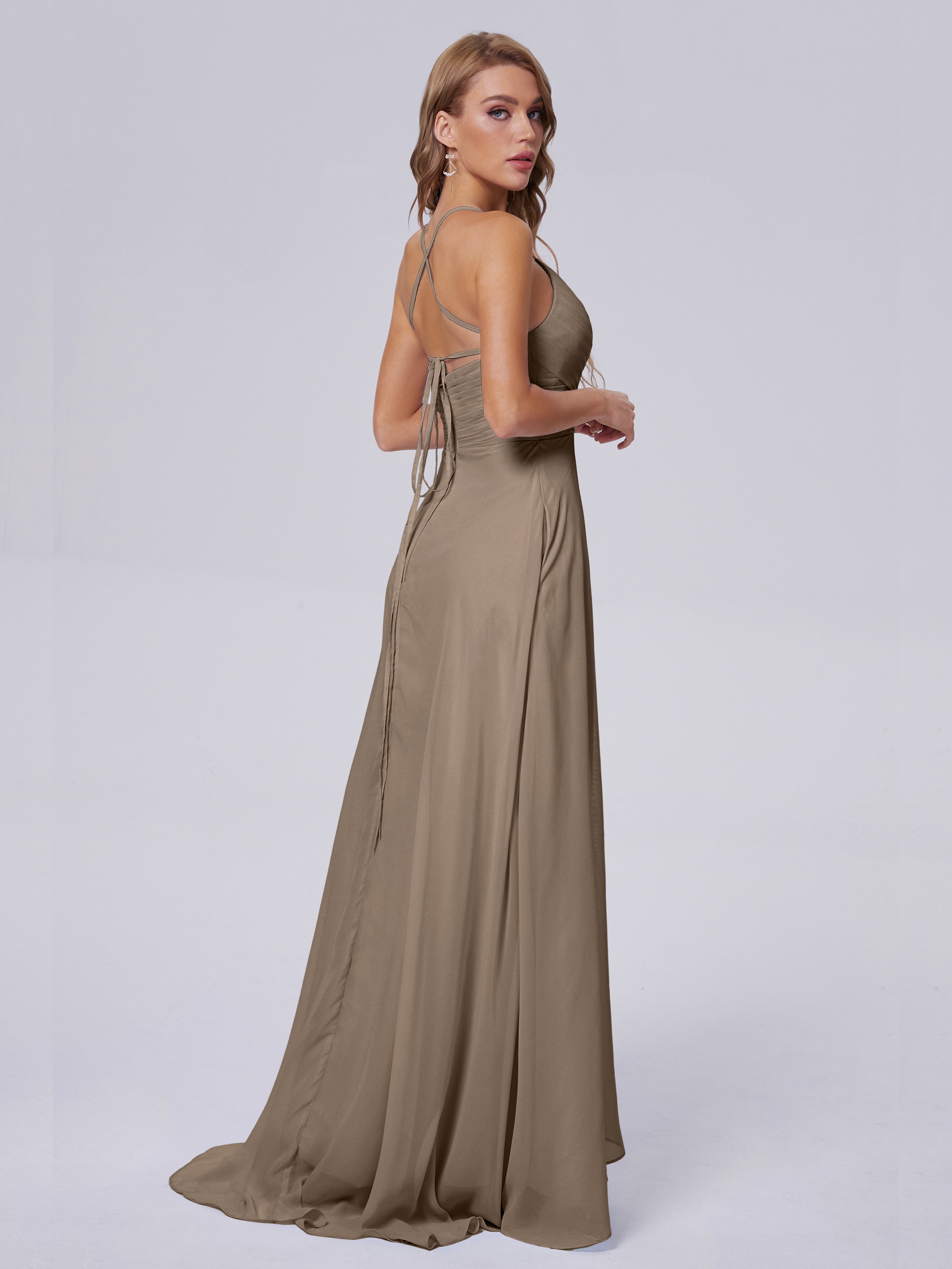 Robe Demoiselle D Honneur Taupe Bretelles Spaghetti Fendue Mousseline Robes Demoiselle D'Honneur