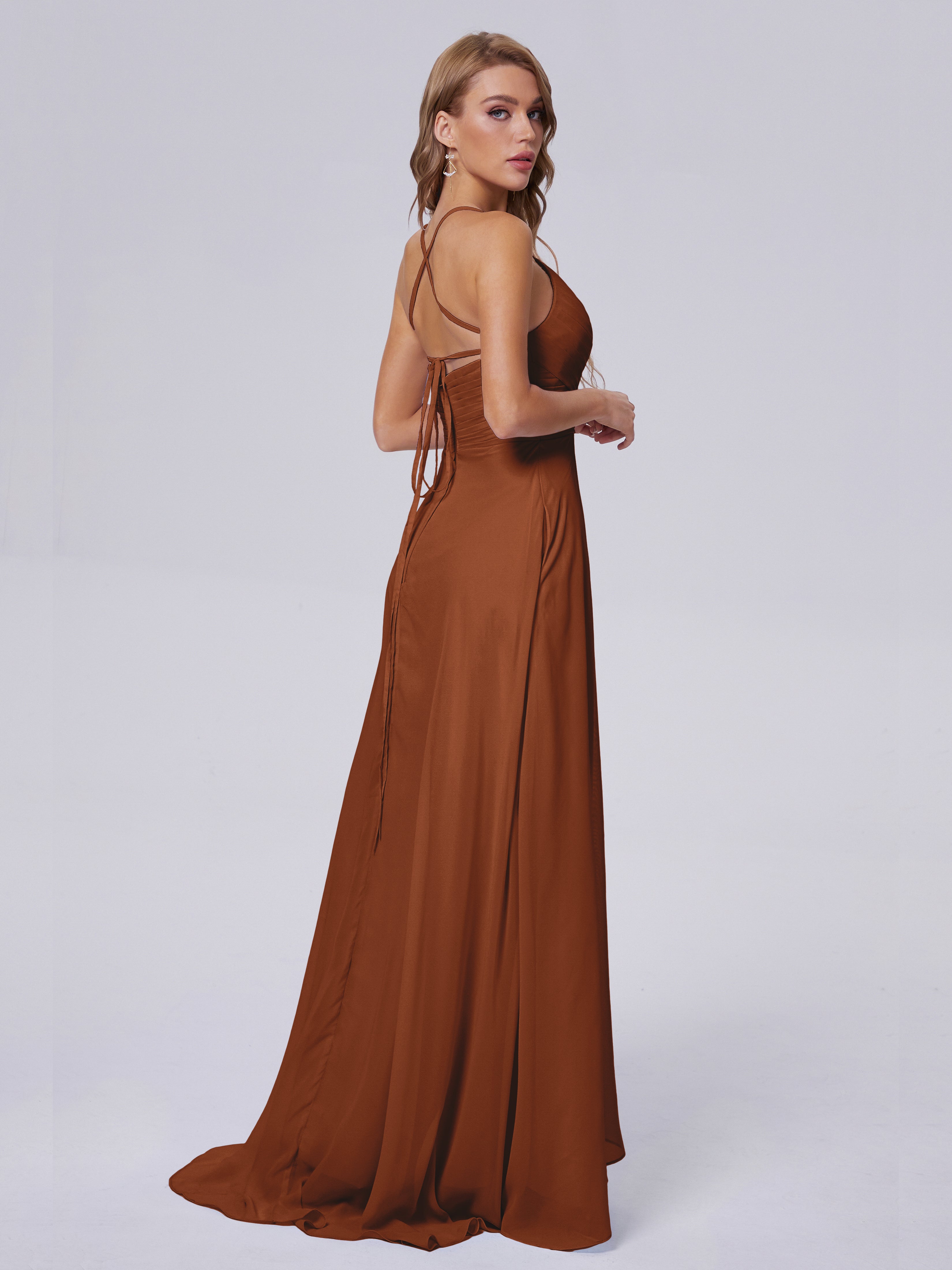 Robe Terracotta Demoiselle D Honneur Bretelles Spaghetti Fendue Mousseline Robes Demoiselle D'Honneur