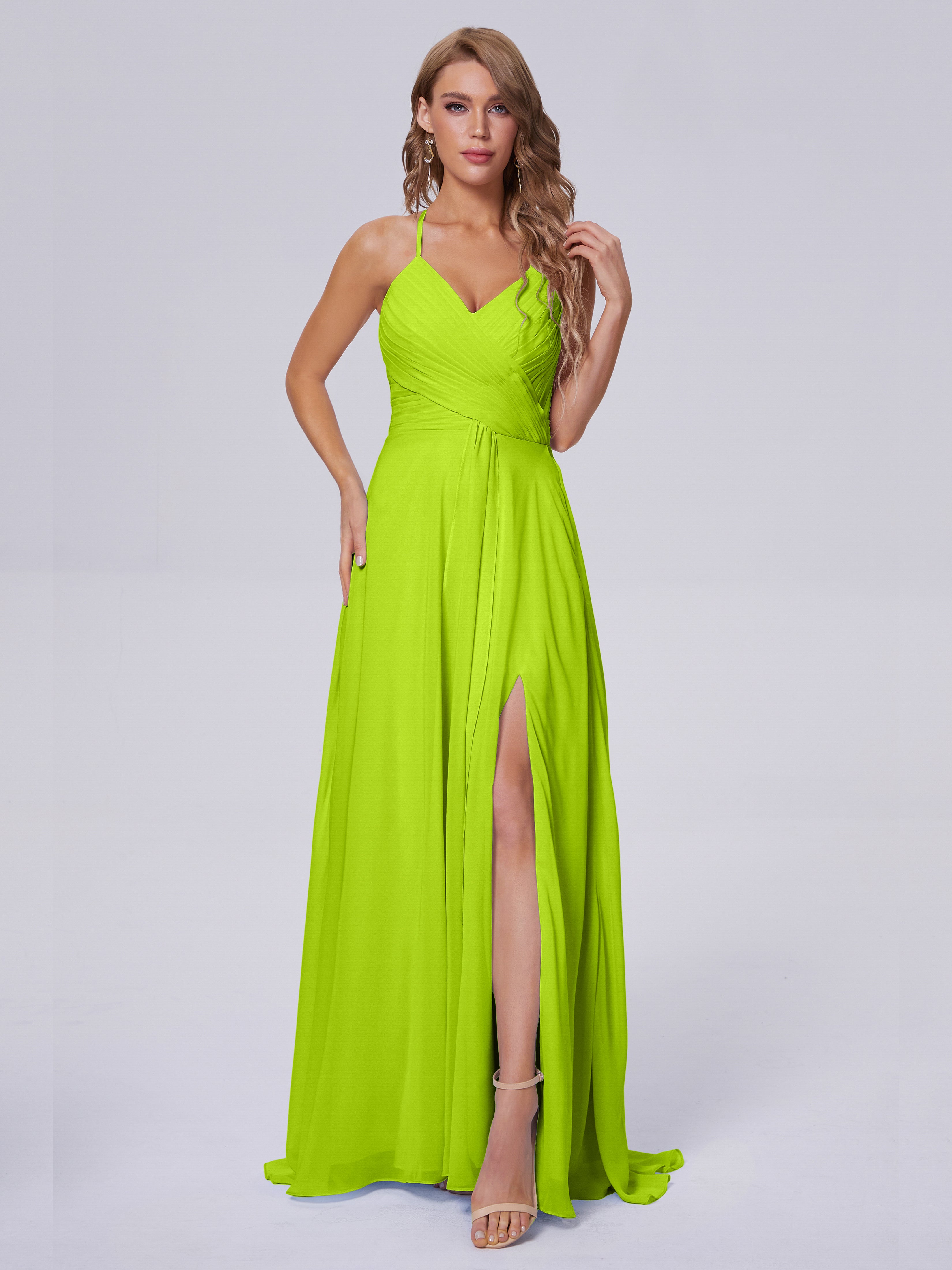 Robes De Demoiselle D'Honneur Vert Citron Bretelles Spaghetti Fendue Mousseline Robes Demoiselle D'Honneur