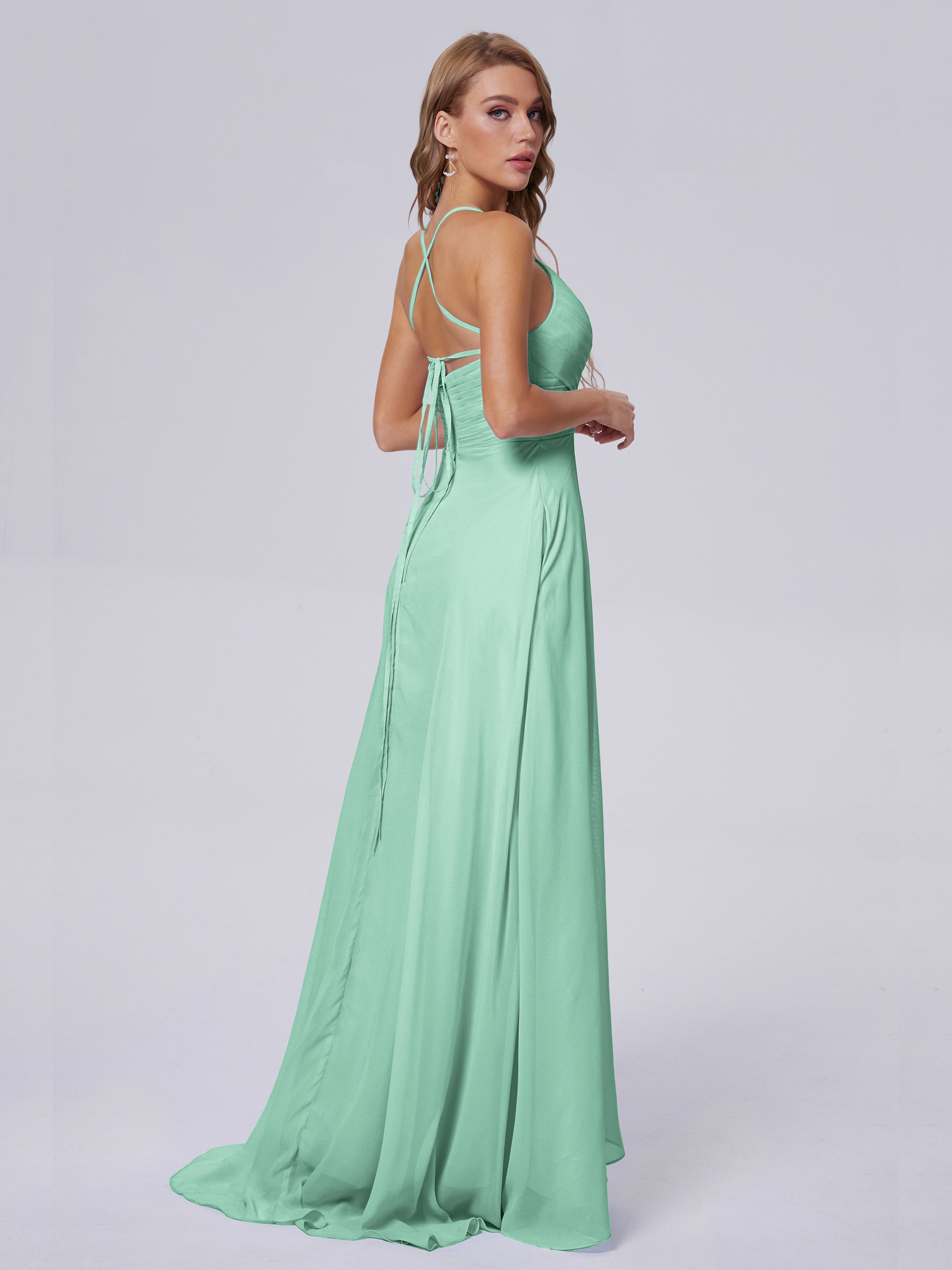 Robes De Demoiselle D'Honneur Vert Menthe Bretelles Spaghetti Fendue Mousseline Robes Demoiselle D'Honneur
