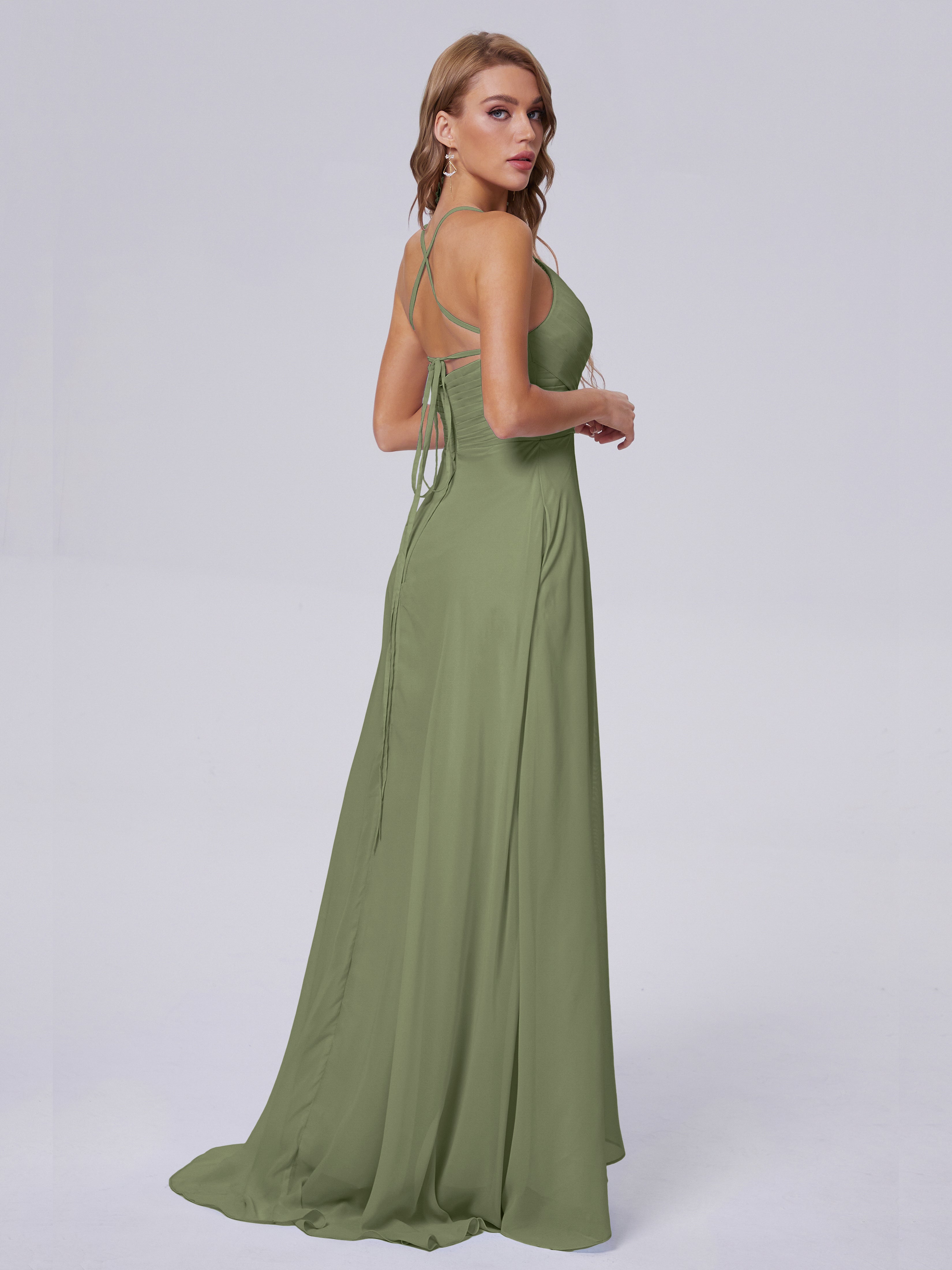 Robe Demoiselle D Honneur Olive Bretelles Spaghetti Fendue Mousseline Robes Demoiselle D'Honneur