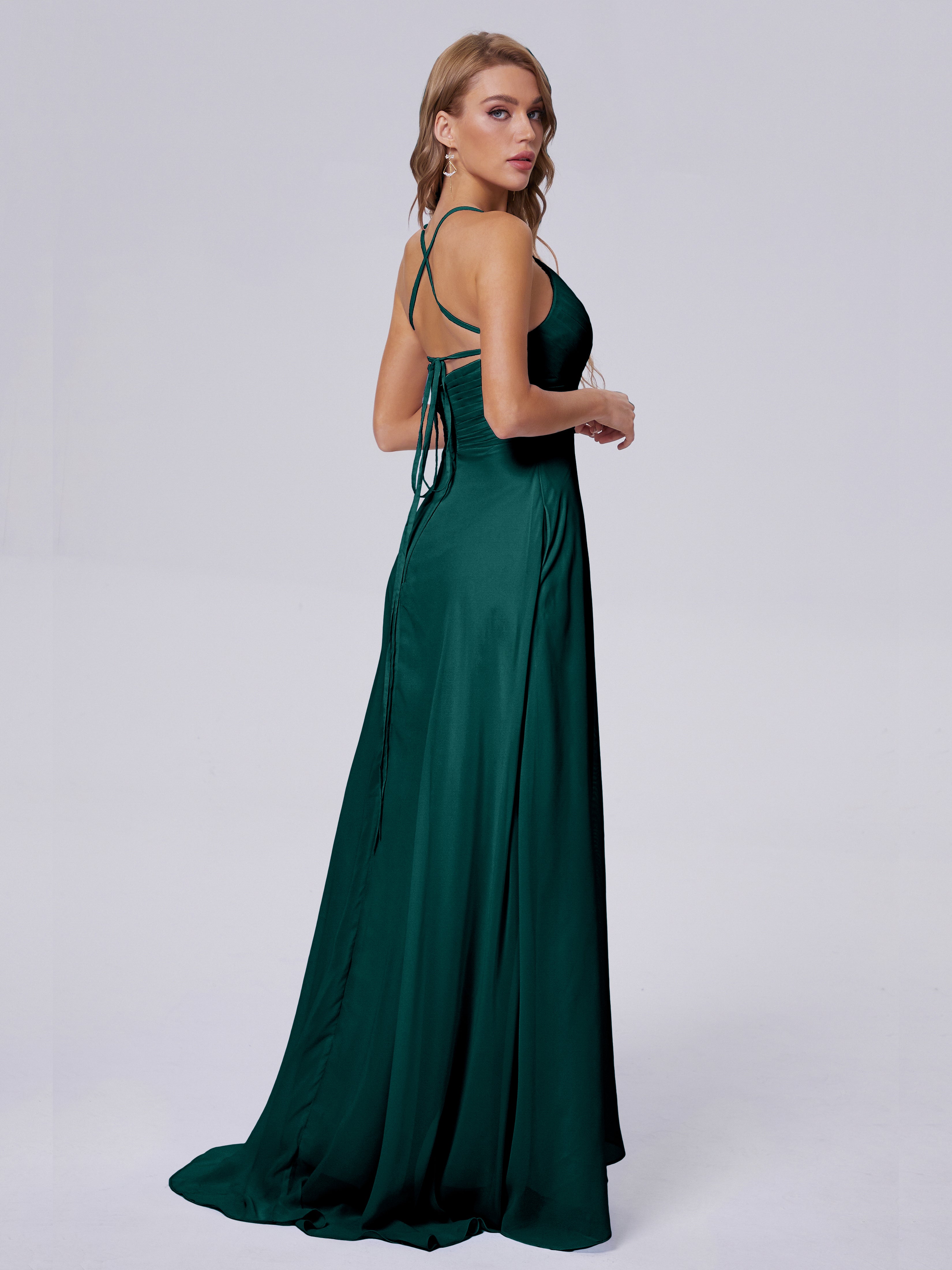 Harmony Bretelles Spaghetti Fendue Mousseline Robes Demoiselle d'Honneur en PAON