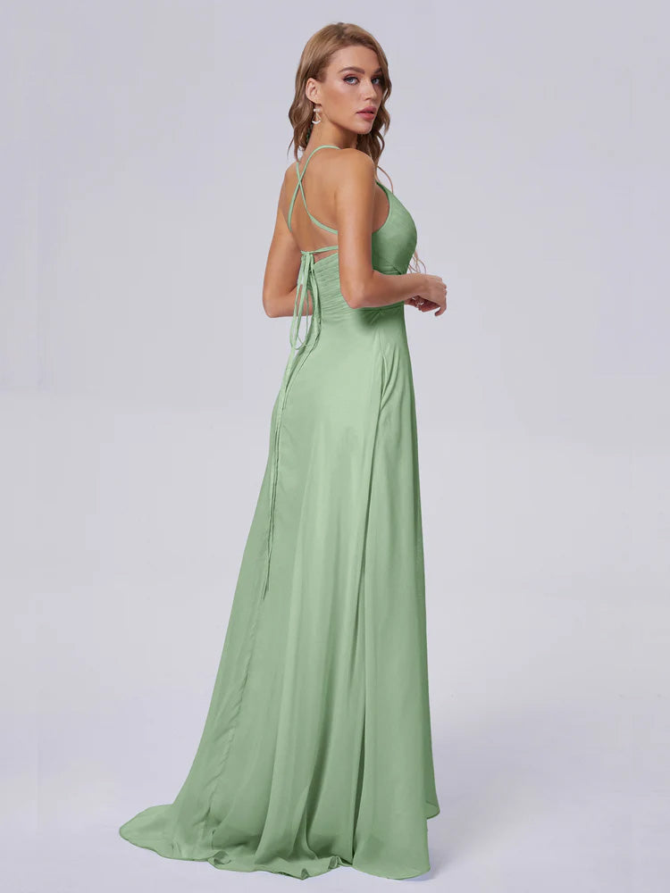 Harmony Bretelles Spaghetti Fendue Mousseline Robes Demoiselle d'Honneur en SAUGE_POUDREE