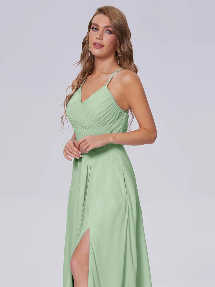 Harmony Bretelles Spaghetti Fendue Mousseline Robes Demoiselle d'Honneur en SAUGE_POUDREE