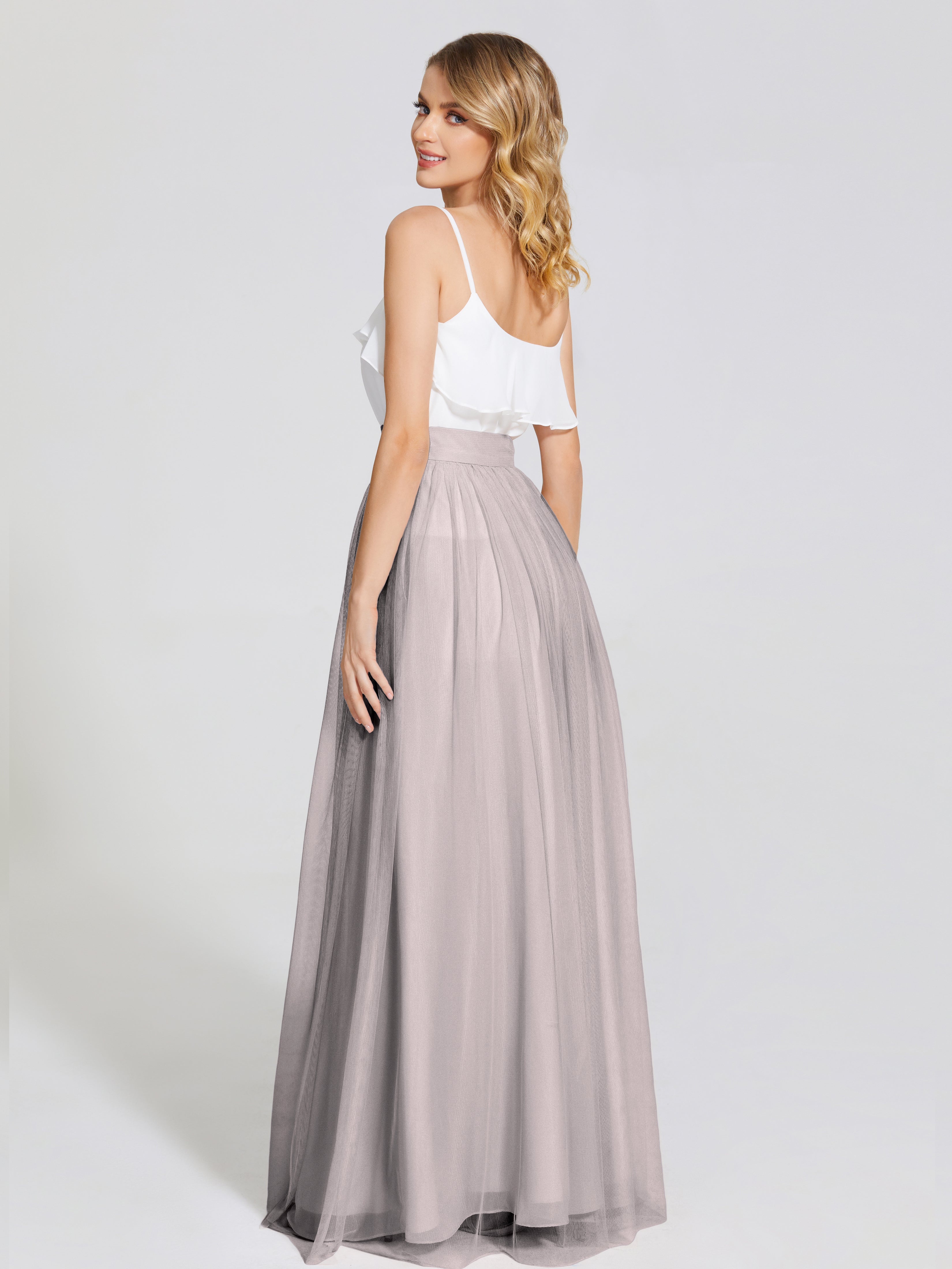 Robes De Demoiselle D'Honneur En Argent Deux Pièces Trapèze Longue Tulle Jupe