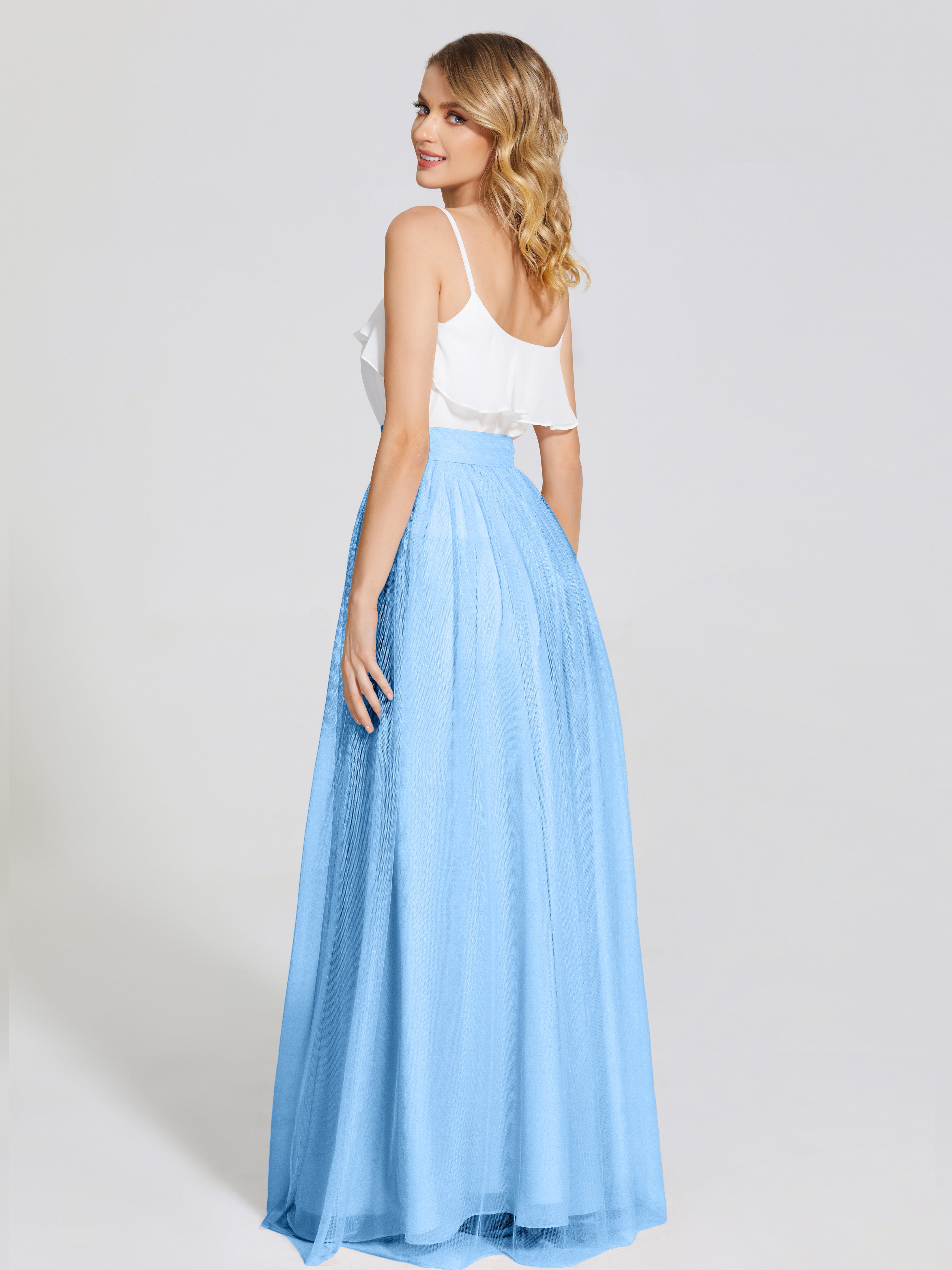 Robe Bleu Demoiselle D Honneur Deux Pièces Trapèze Longue Tulle Jupe