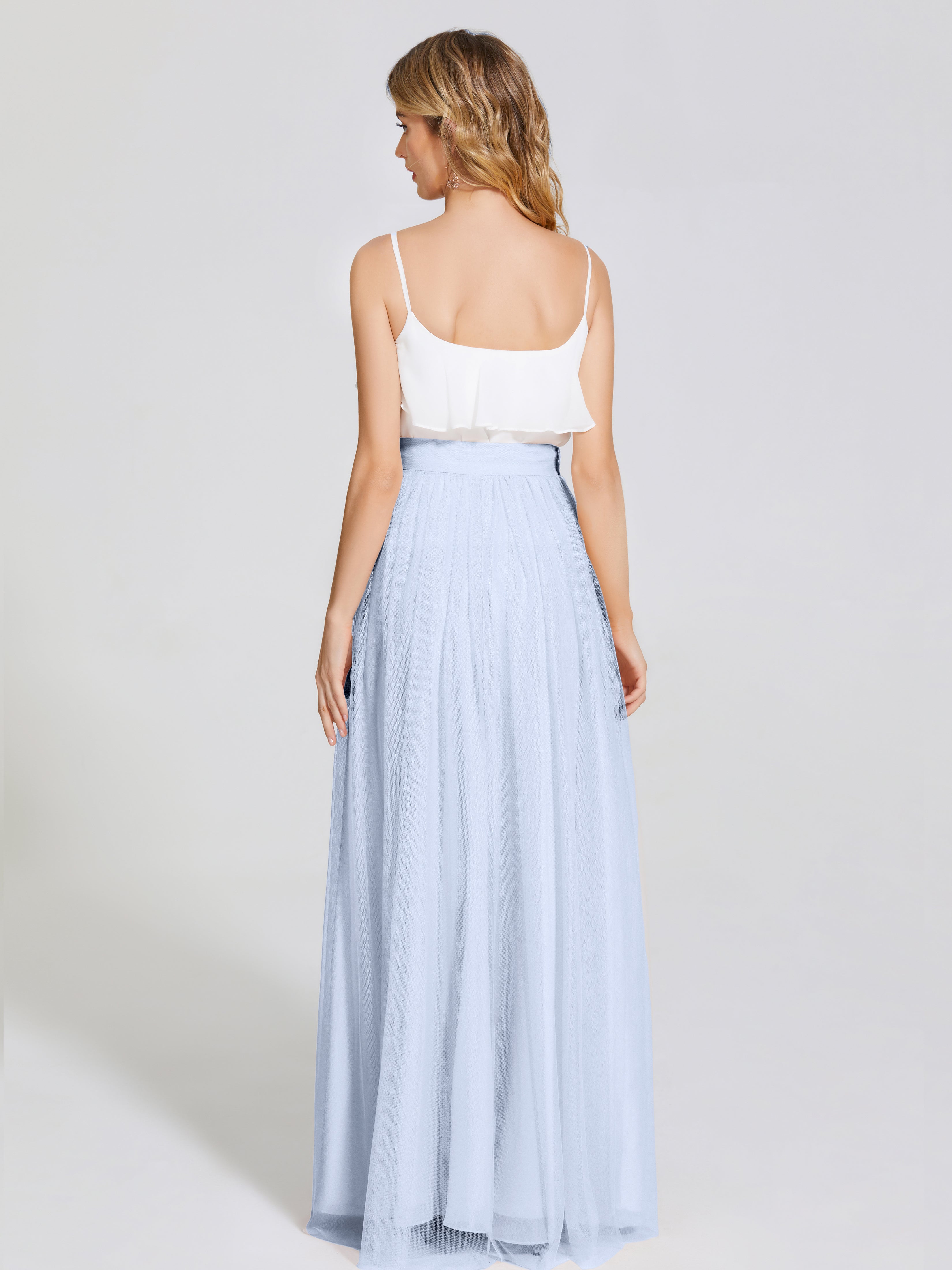 Robe Longue Bleu Ciel Demoiselle D Honneur Deux Pièces Trapèze Longue Tulle Jupe
