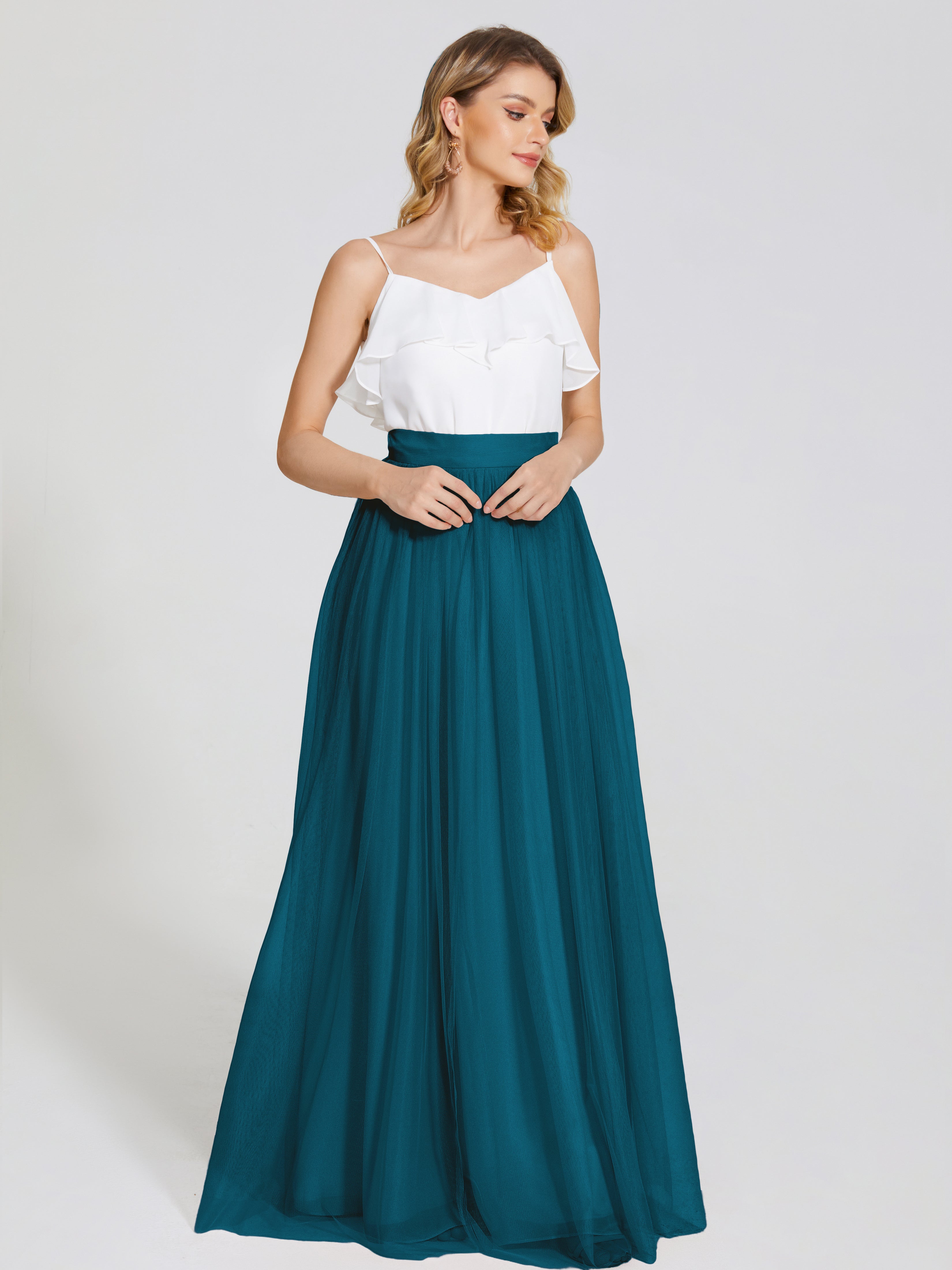 Robe De Demoiselle D'Honneur Bleu Encre Deux Pièces Trapèze Longue Tulle Jupe