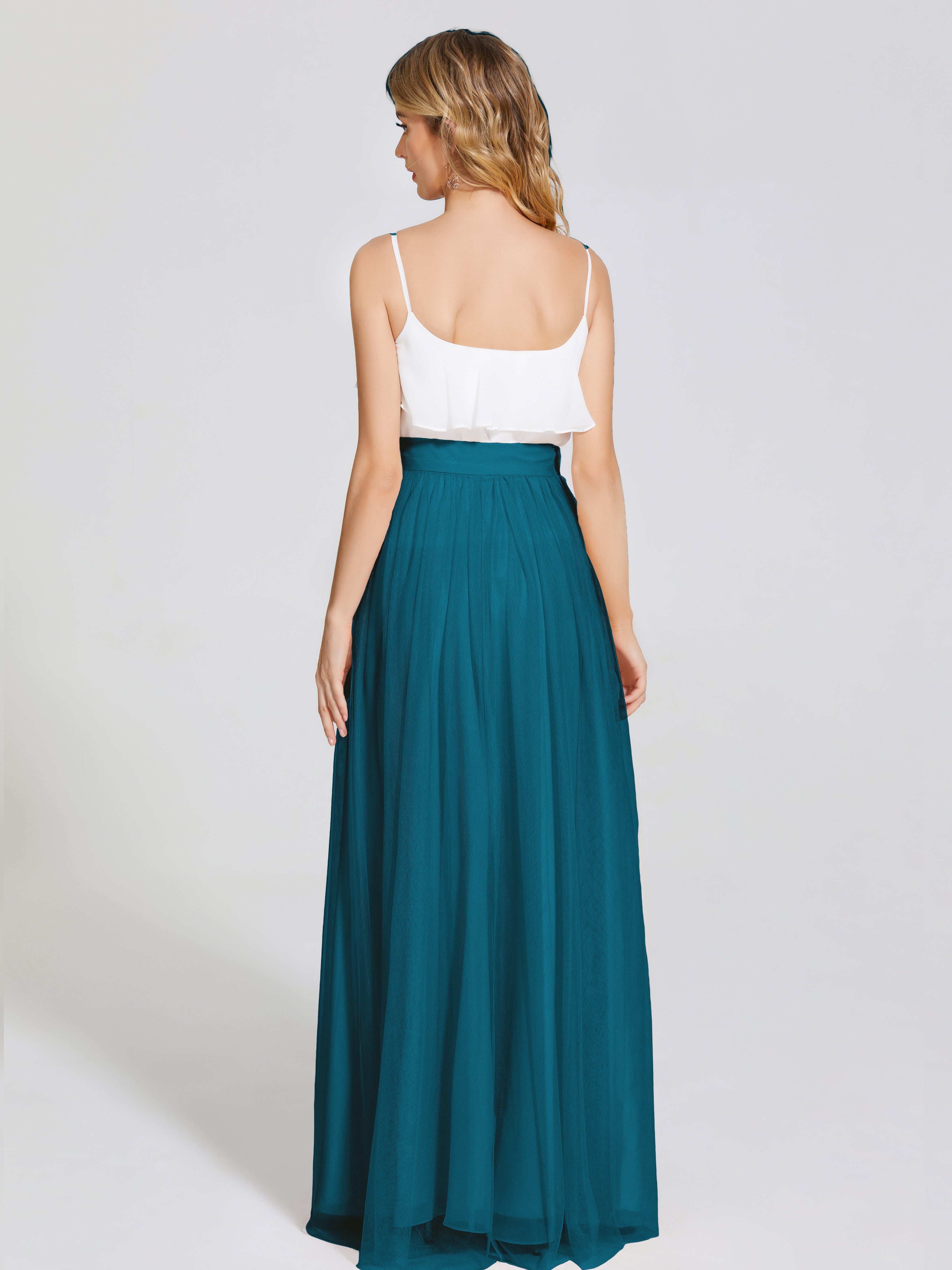 Robe De Demoiselle D'Honneur Bleu Encre Deux Pièces Trapèze Longue Tulle Jupe