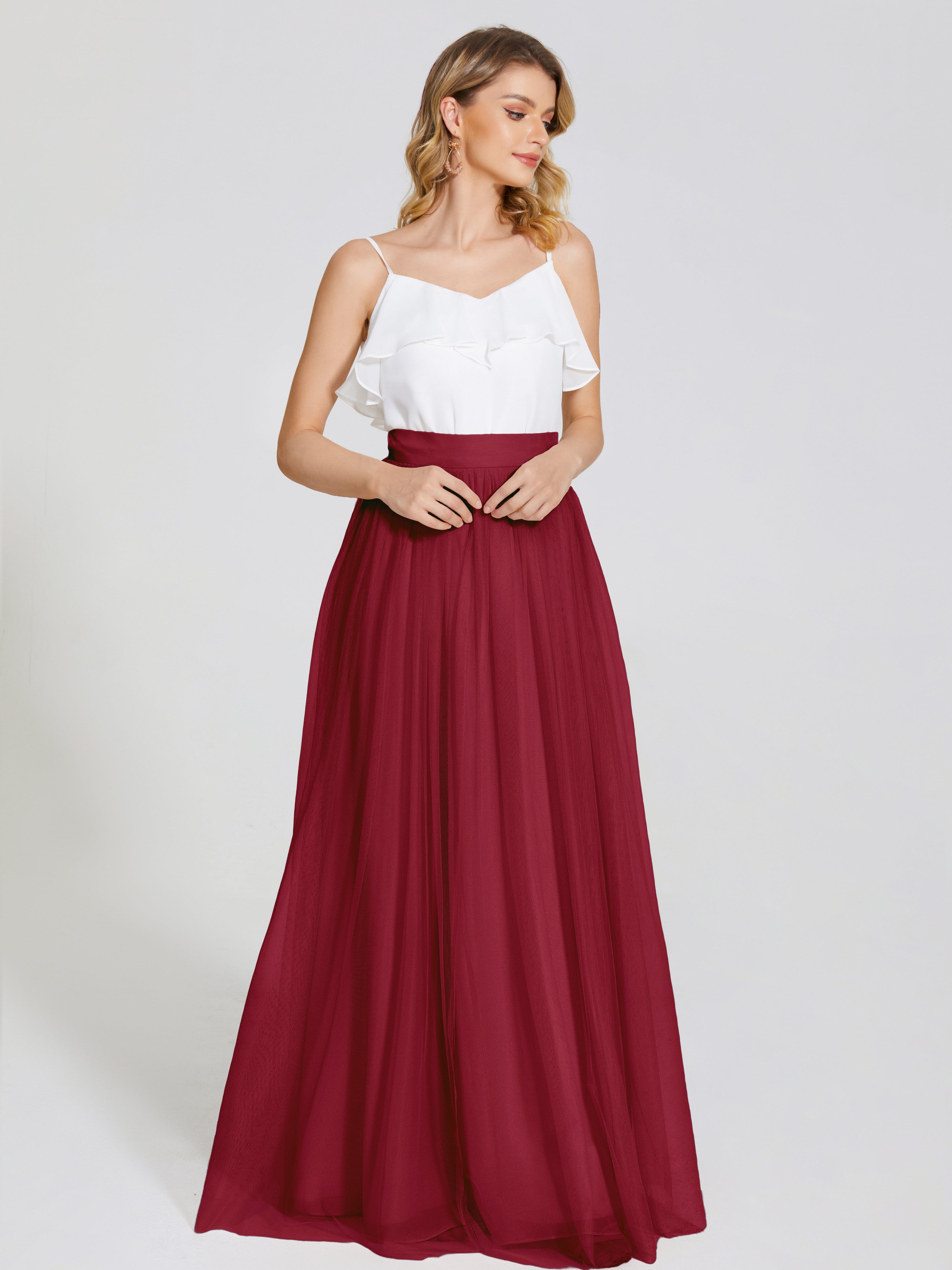 Robe Demoiselle D Honneur Bordeaux Deux Pièces Trapèze Longue Tulle Jupe