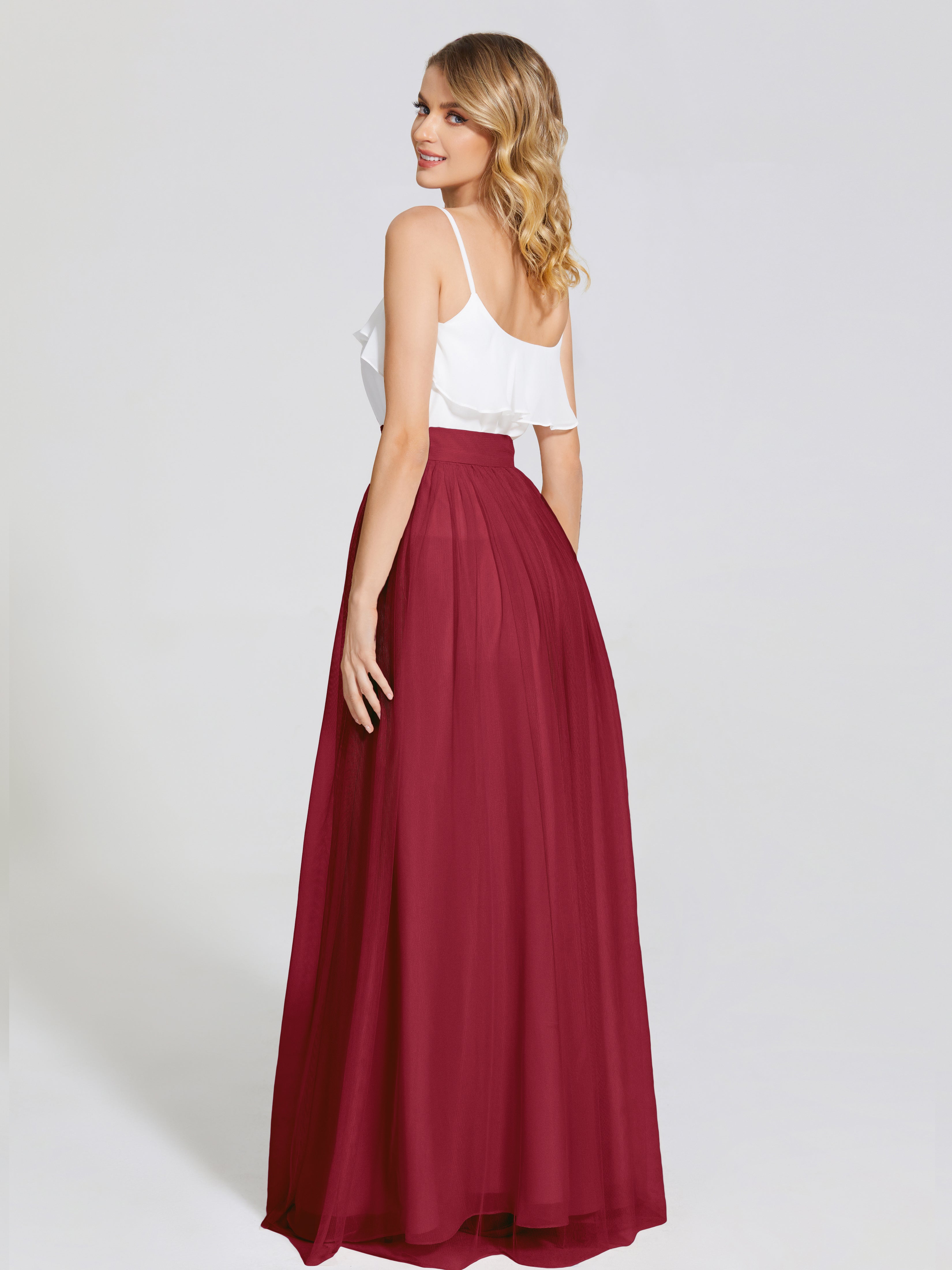 Robe Demoiselle D Honneur Bordeaux Deux Pièces Trapèze Longue Tulle Jupe