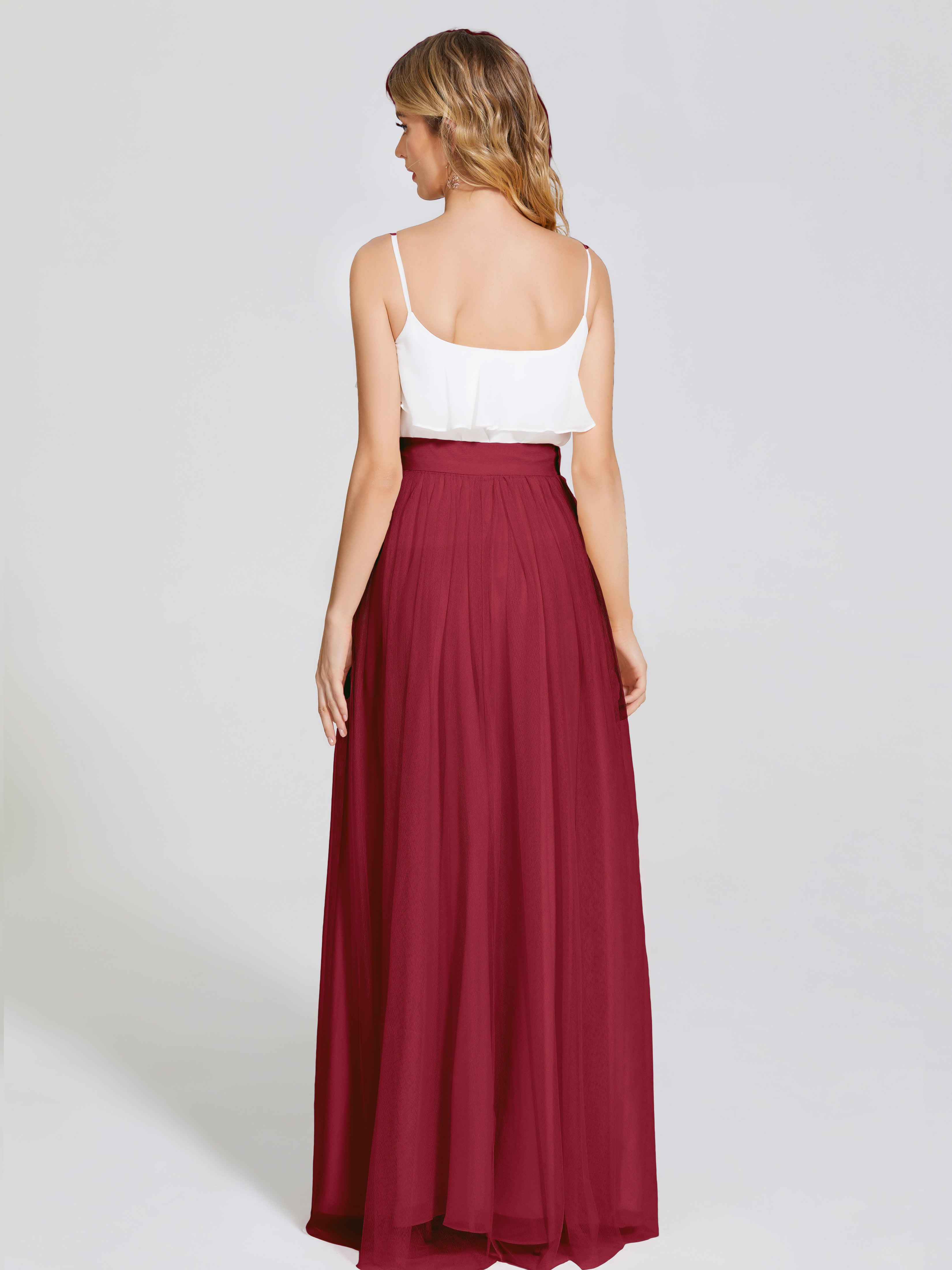 Robe Demoiselle D Honneur Bordeaux Deux Pièces Trapèze Longue Tulle Jupe
