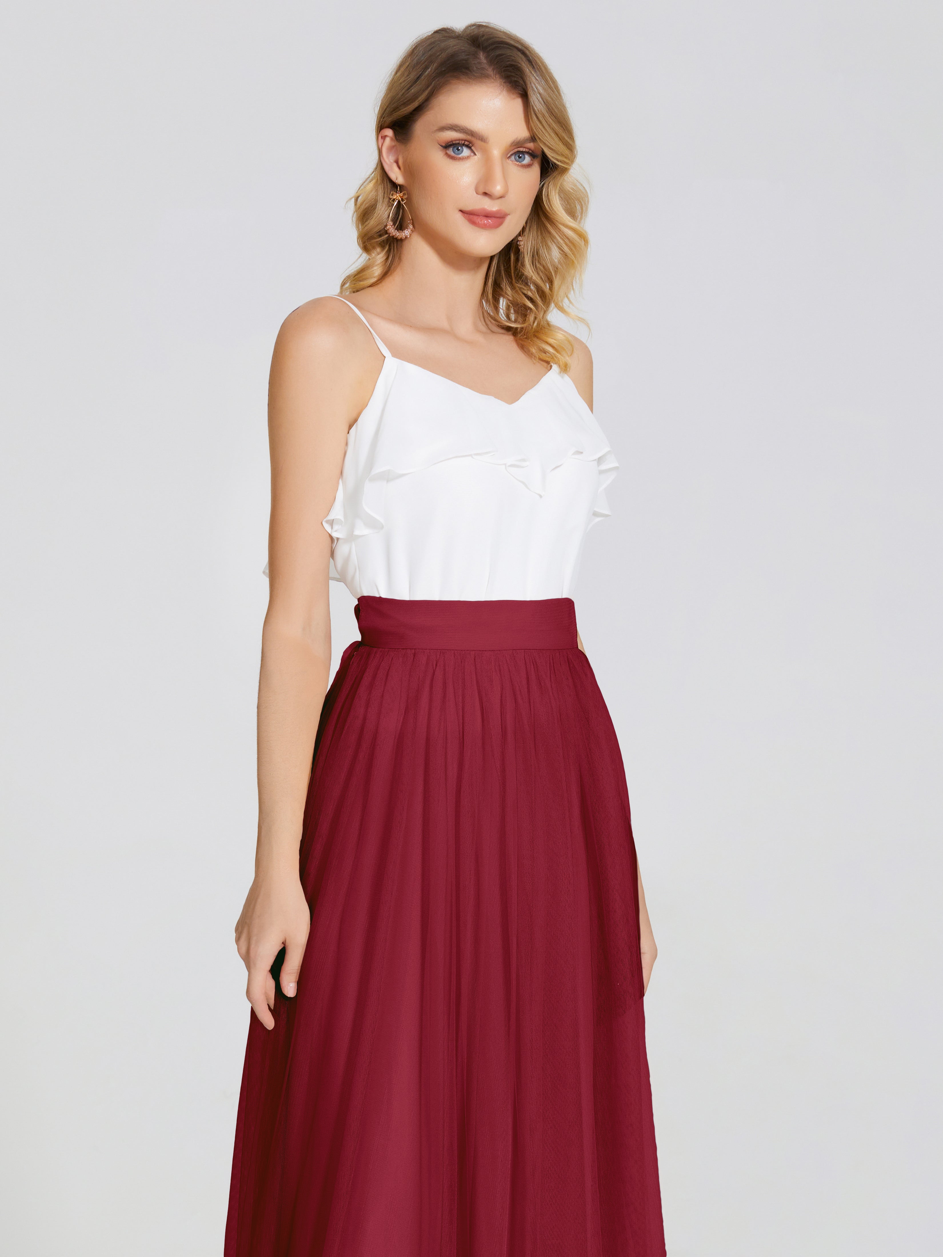 Robe Demoiselle D Honneur Bordeaux Deux Pièces Trapèze Longue Tulle Jupe