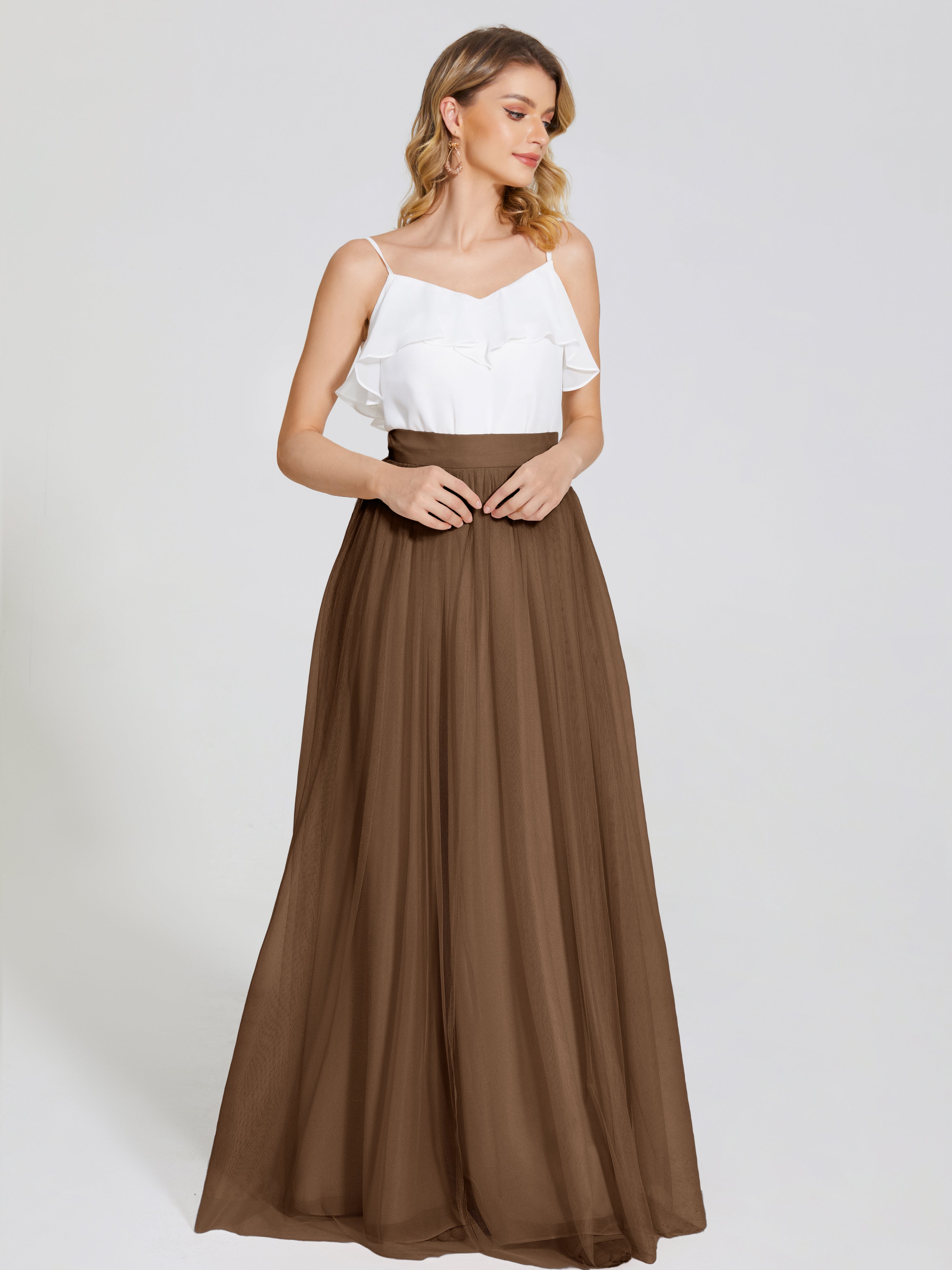 Robes De Demoiselle D'Honneur Brun Deux Pièces Trapèze Longue Tulle Jupe