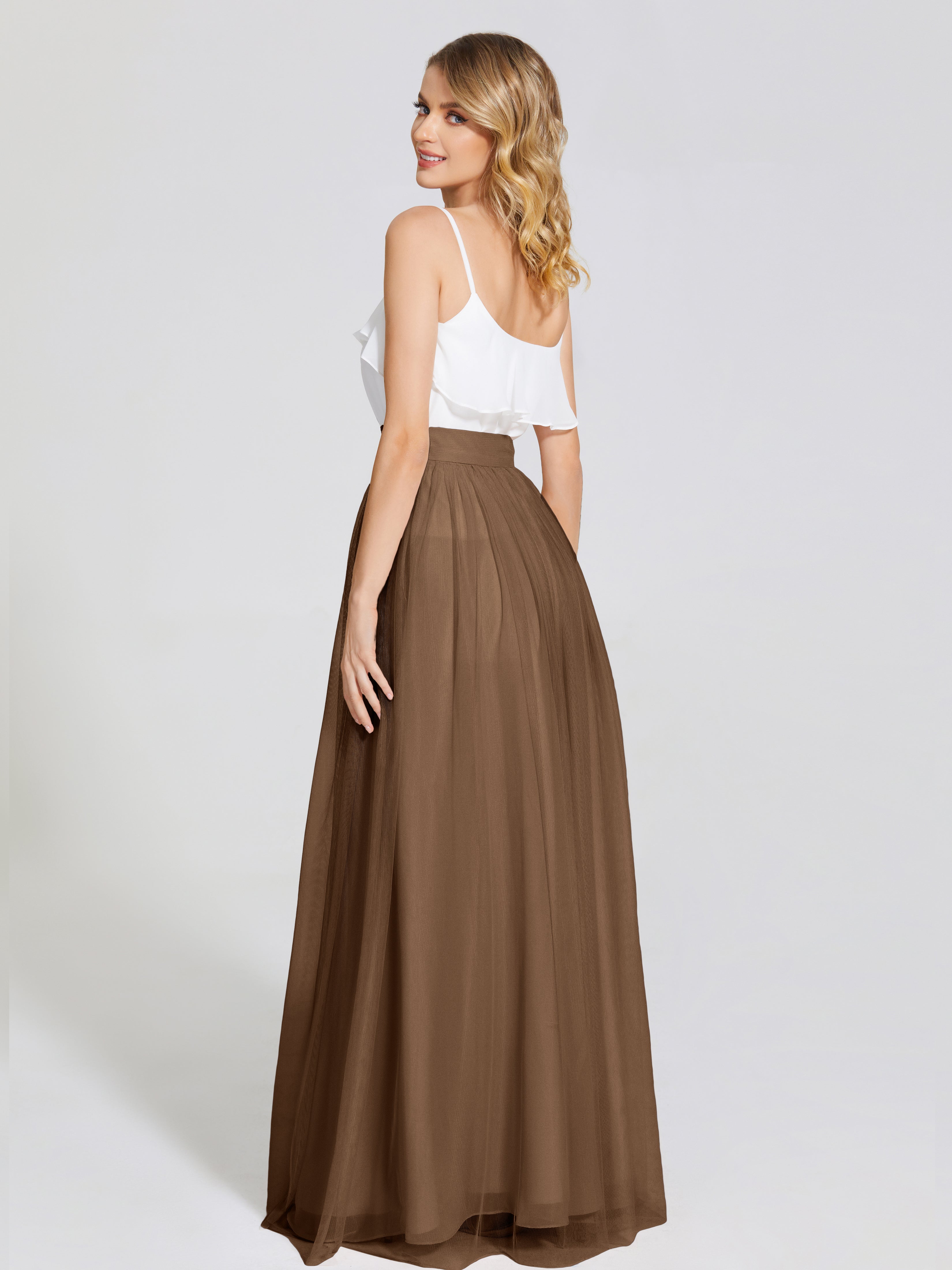 Robes De Demoiselle D'Honneur Brun Deux Pièces Trapèze Longue Tulle Jupe