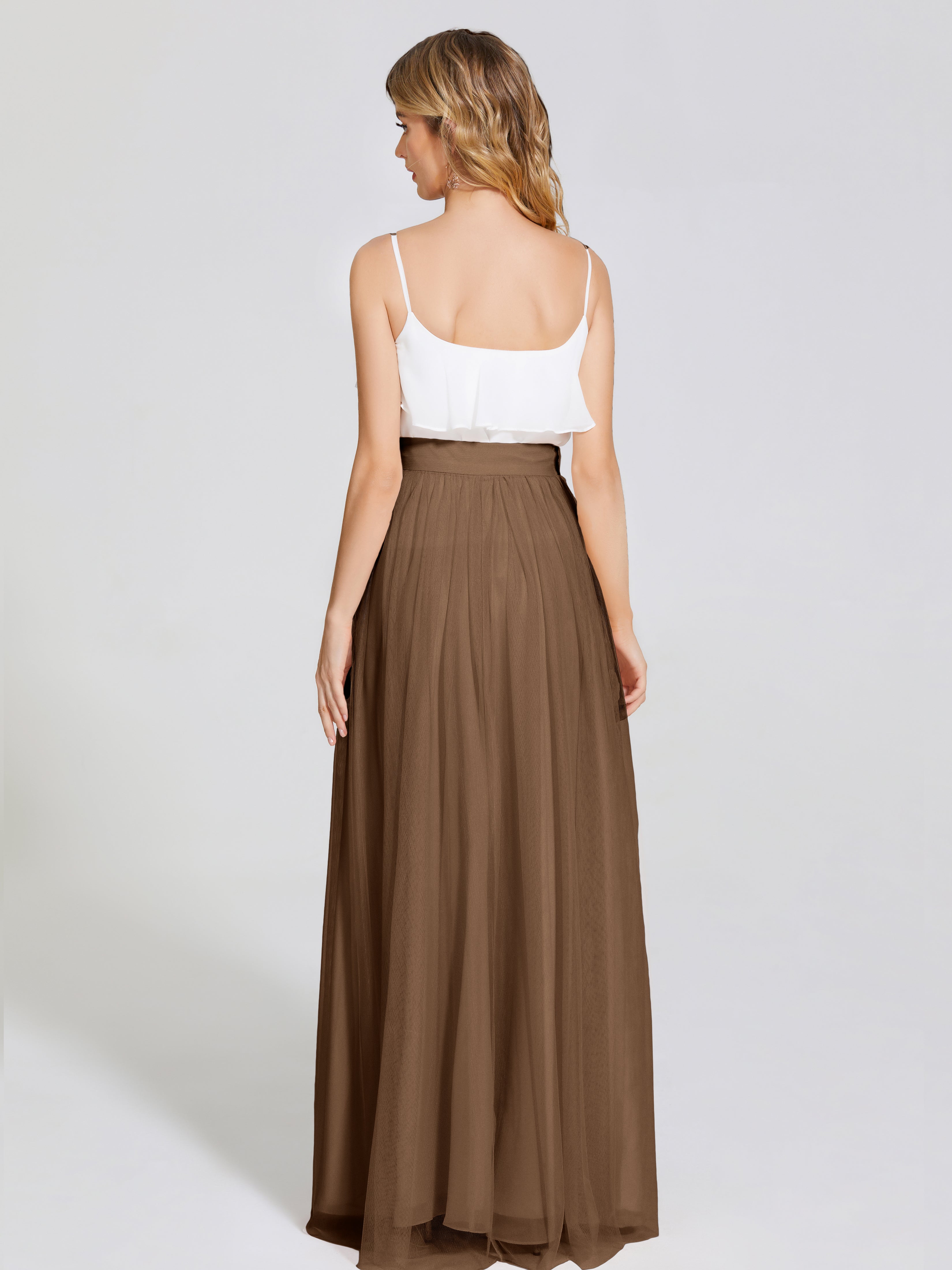 Robes De Demoiselle D'Honneur Brun Deux Pièces Trapèze Longue Tulle Jupe