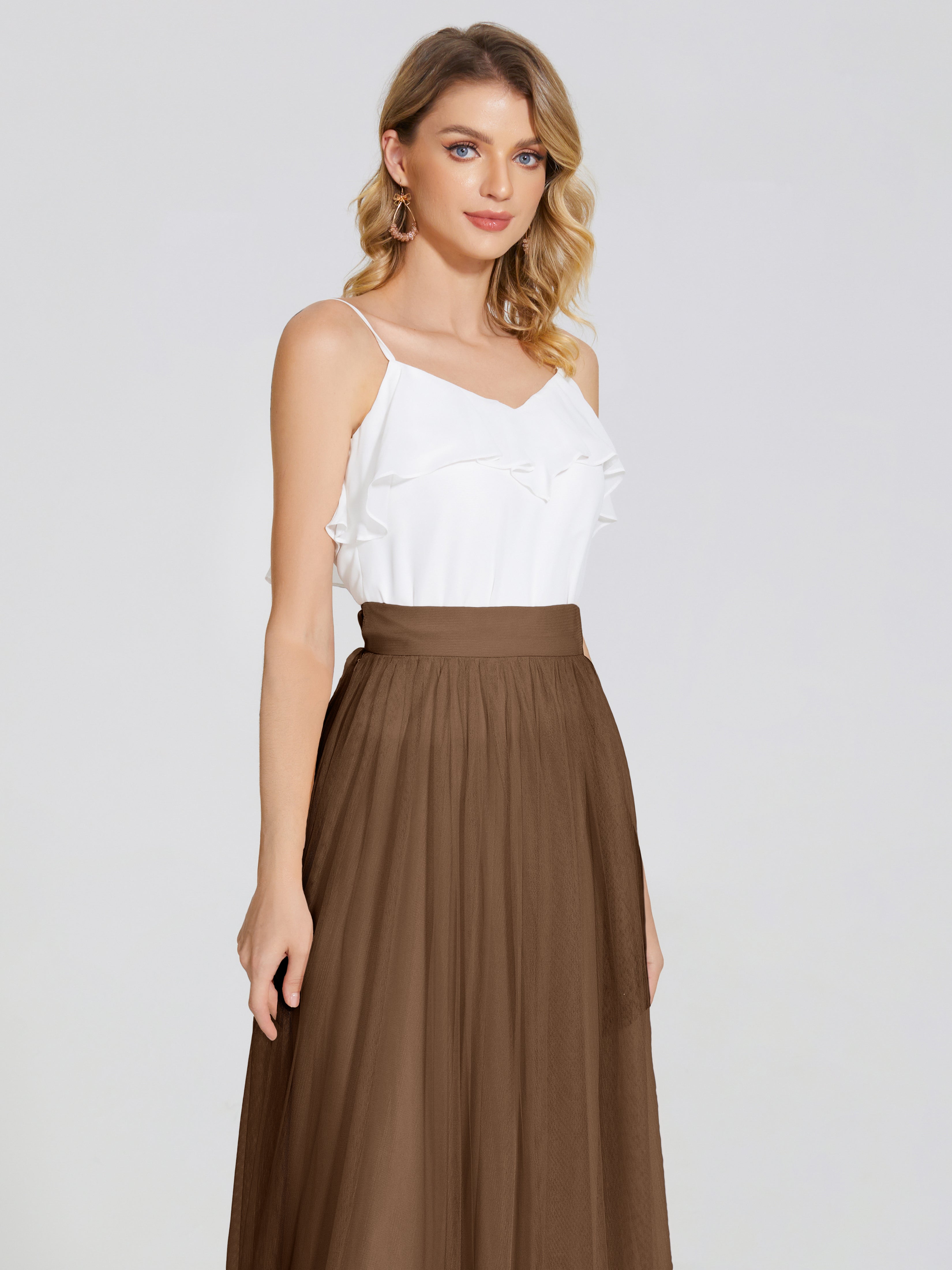 Robes De Demoiselle D'Honneur Brun Deux Pièces Trapèze Longue Tulle Jupe