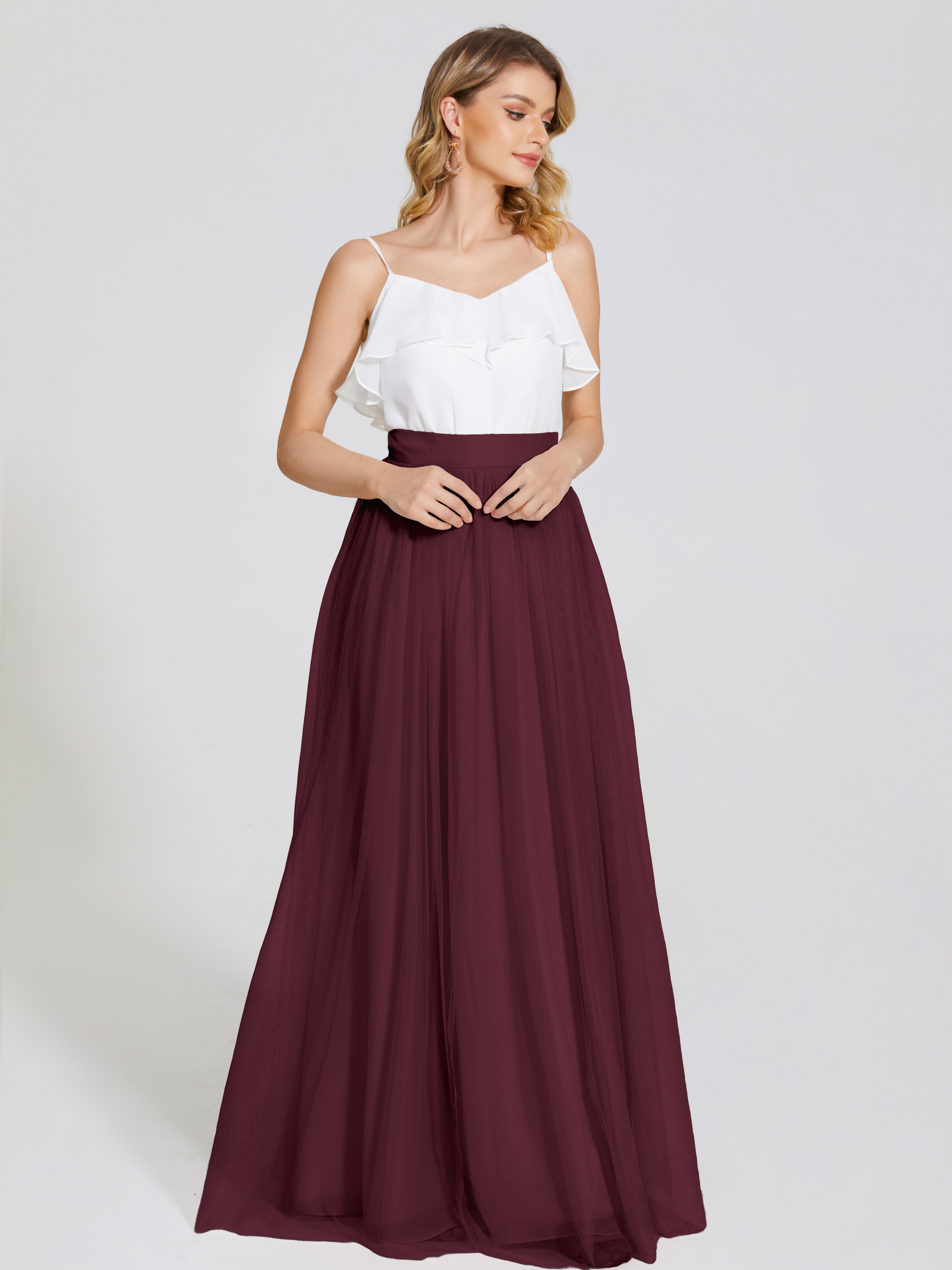 Robes De Demoiselle D'Honneur Cabernet Deux Pièces Trapèze Longue Tulle Jupe