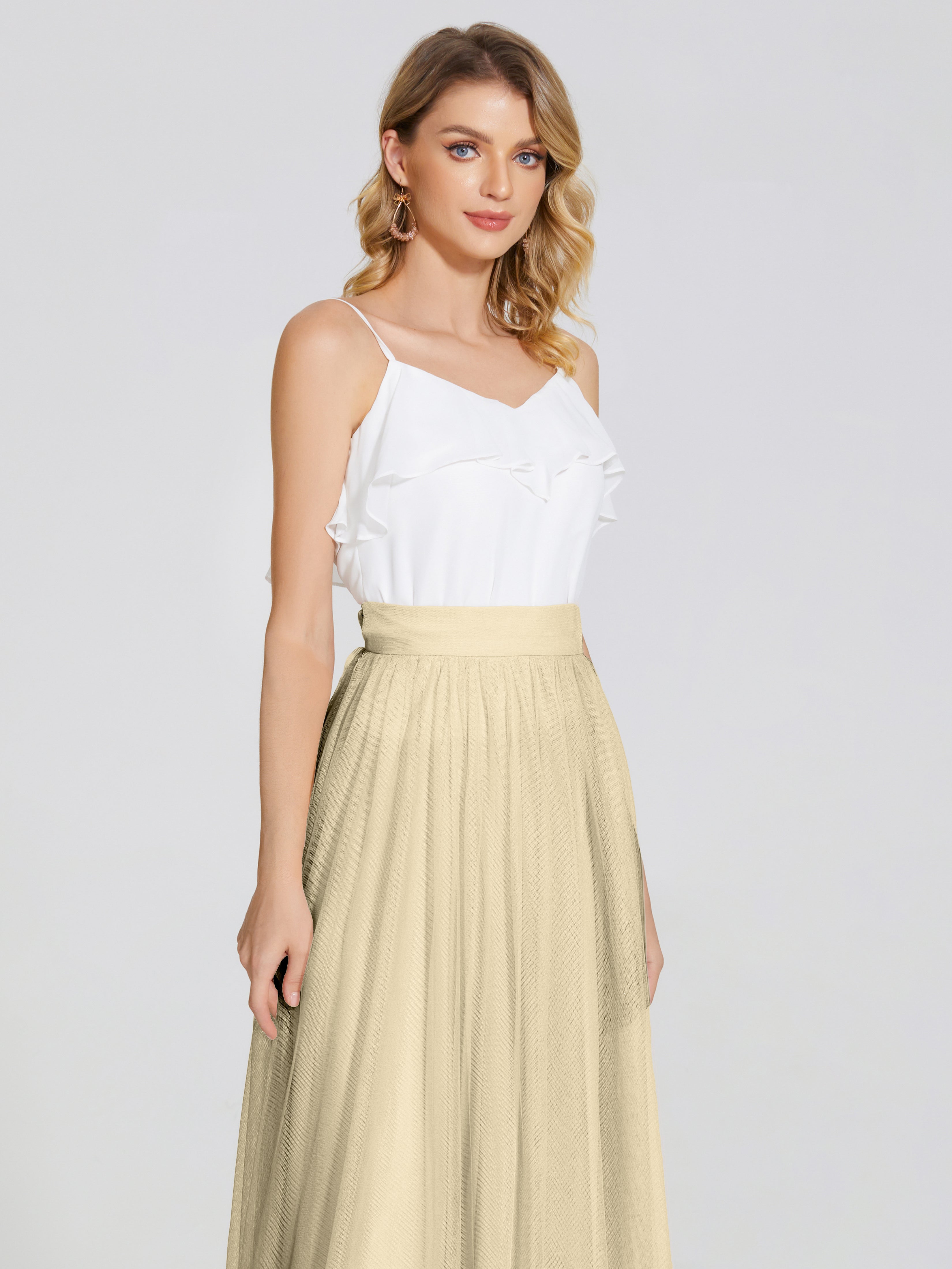 Robe Demoiselle D Honneur Couleur Champagne Deux Pièces Trapèze Longue Tulle Jupe