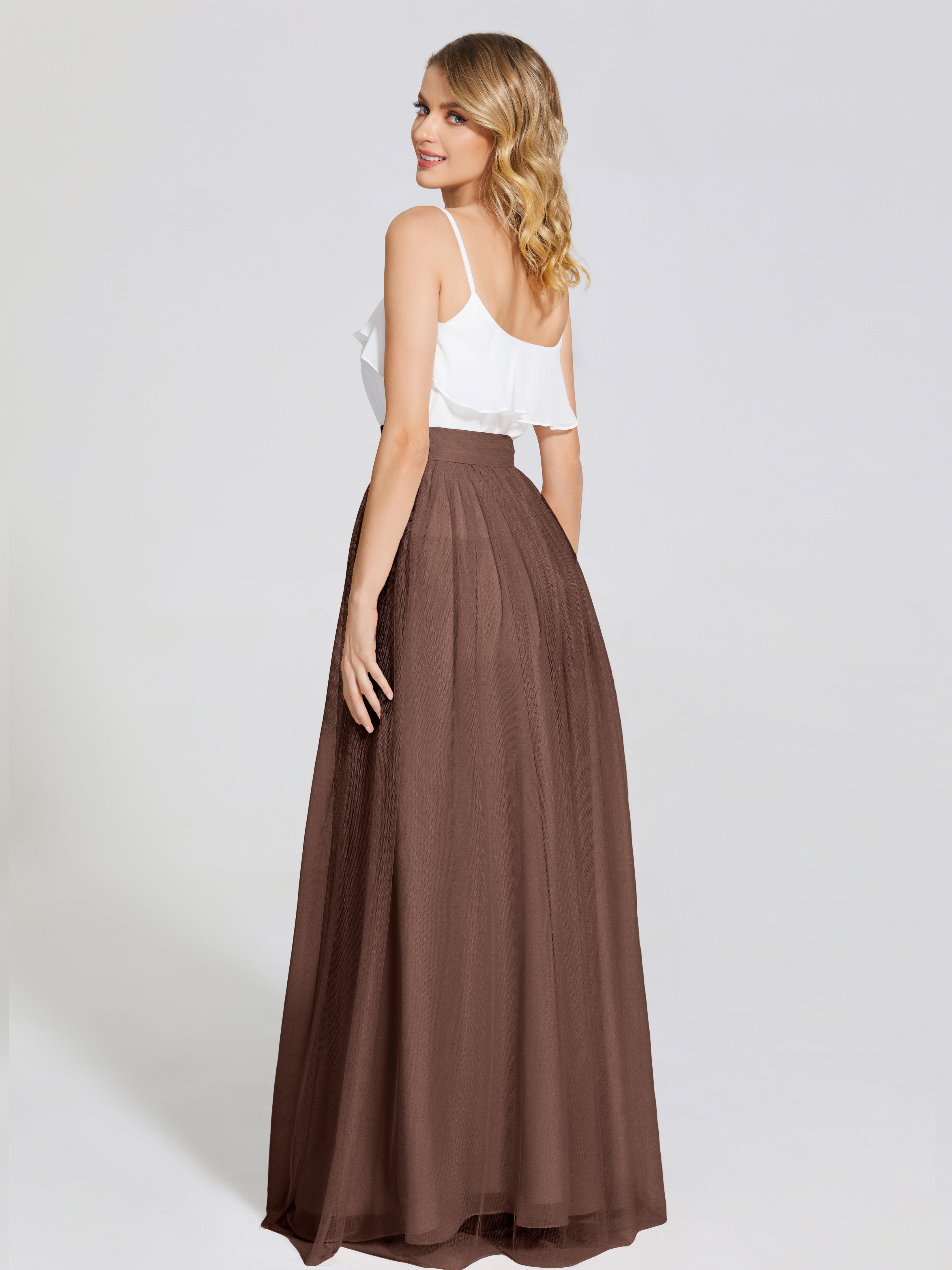 Robes De Demoiselle D'Honneur En Chocolat Deux Pièces Trapèze Longue Tulle Jupe