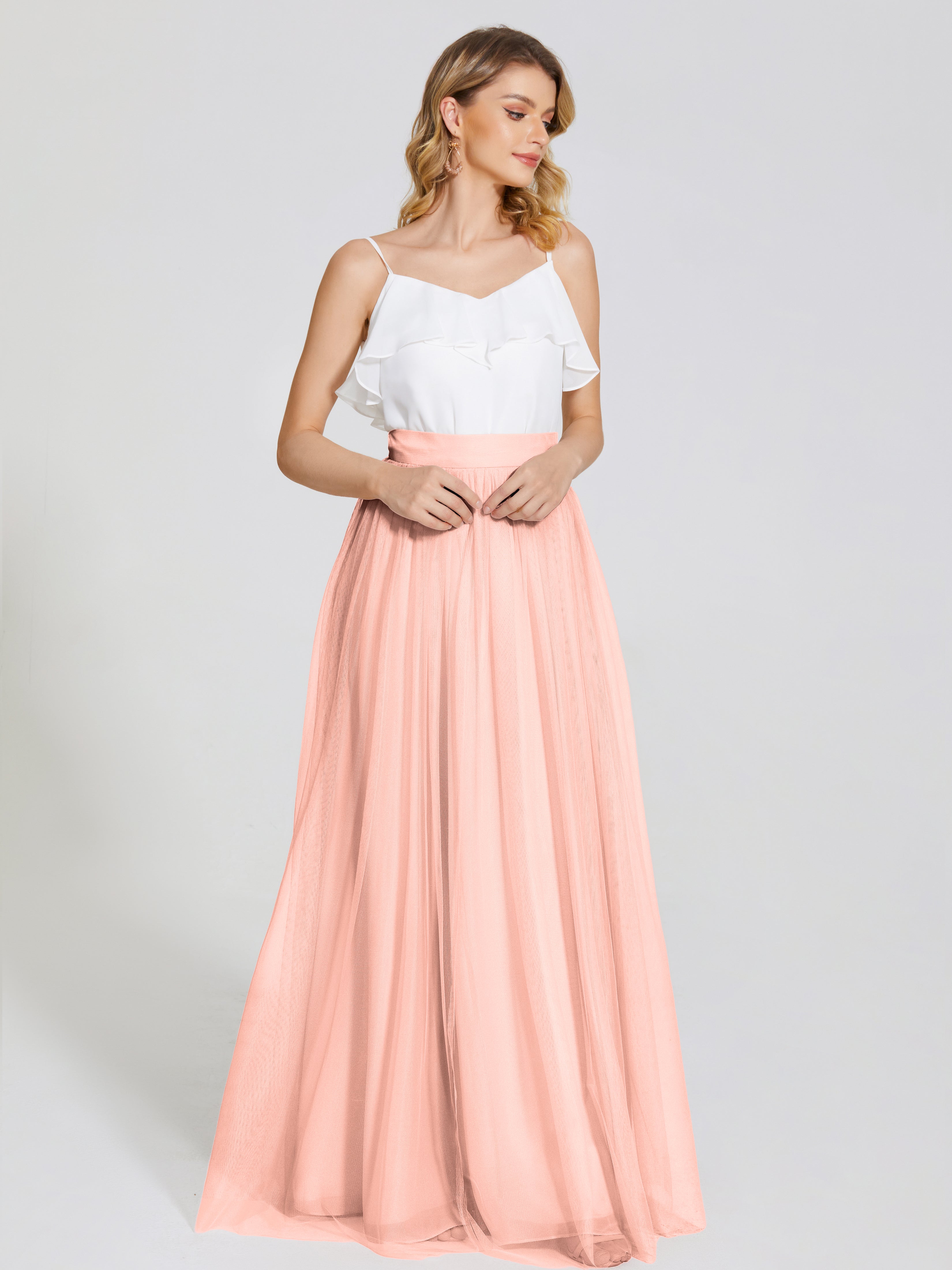 Robe Demoiselle D Honneur Couleur Corail Deux Pièces Trapèze Longue Tulle Jupe