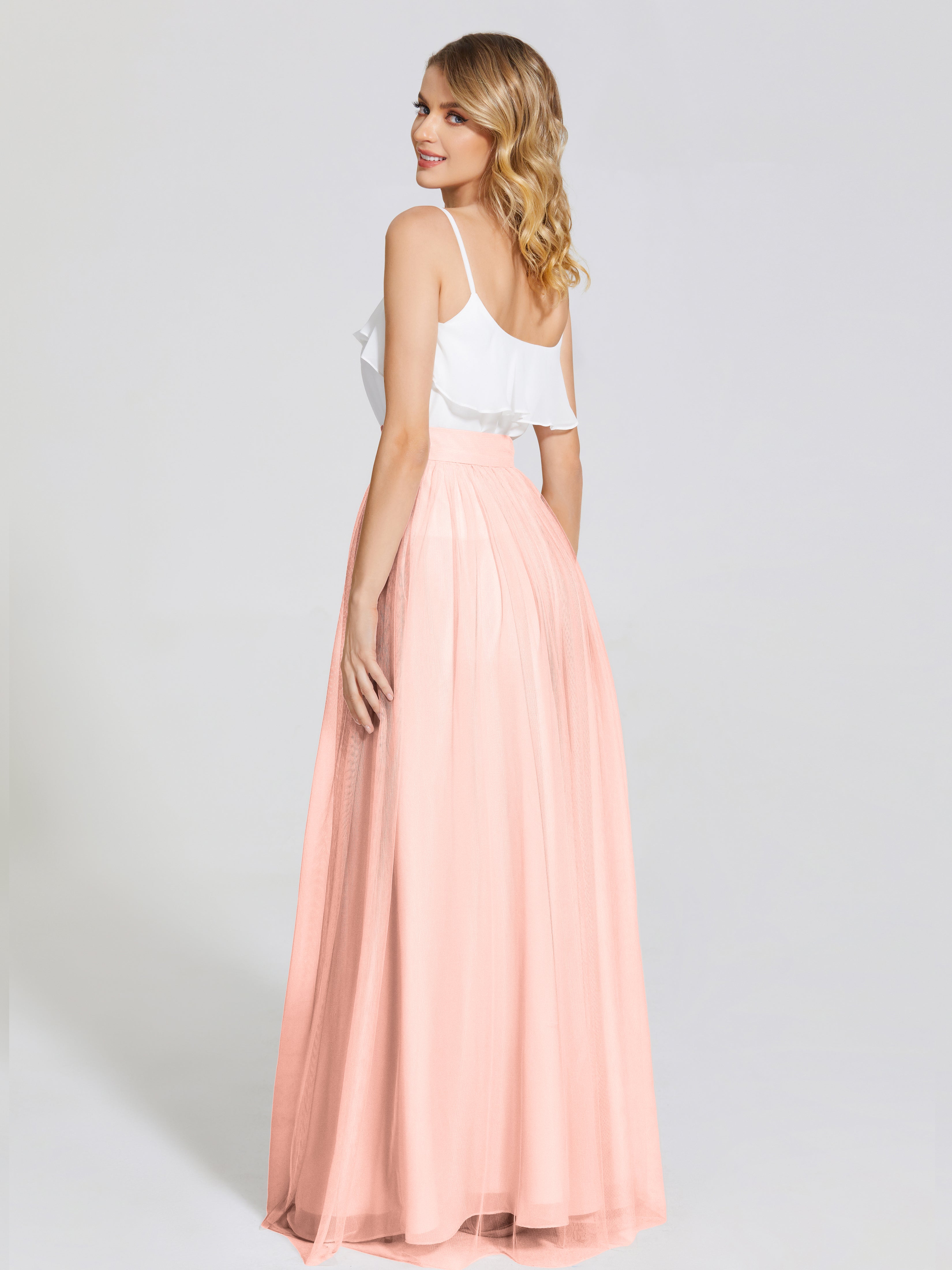 Robe Demoiselle D Honneur Couleur Corail Deux Pièces Trapèze Longue Tulle Jupe