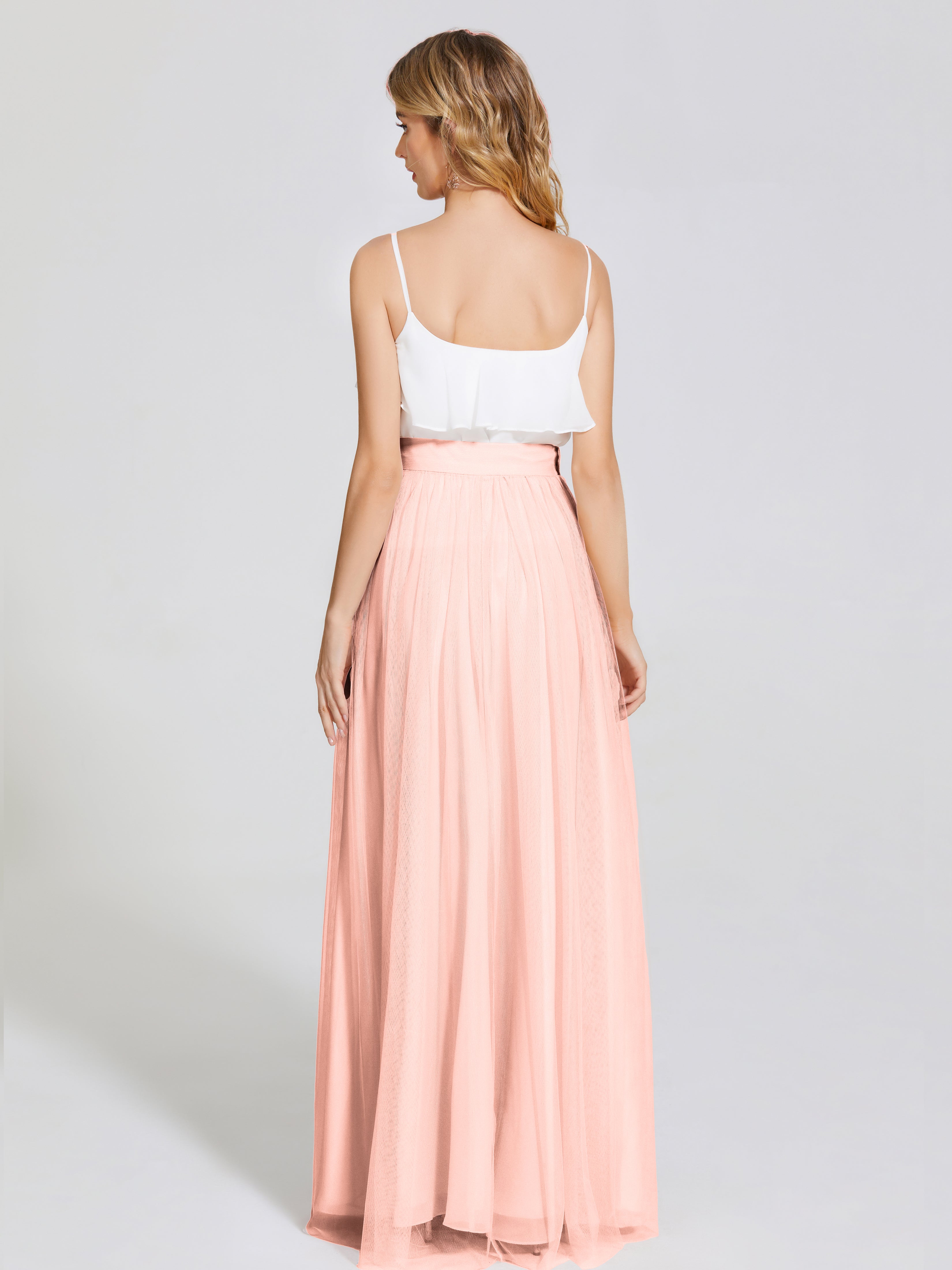 Robe Demoiselle D Honneur Couleur Corail Deux Pièces Trapèze Longue Tulle Jupe