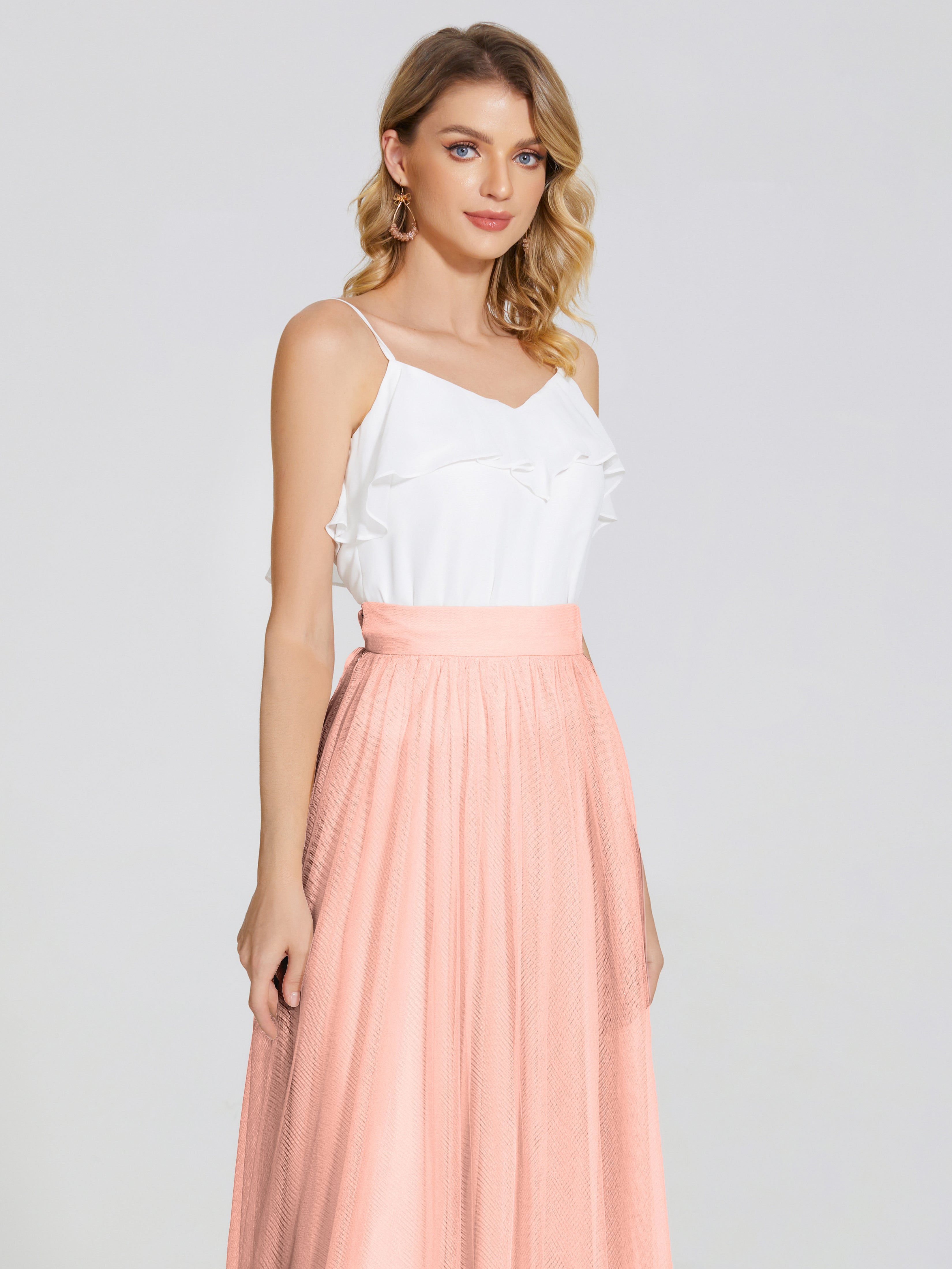 Robe Demoiselle D Honneur Couleur Corail Deux Pièces Trapèze Longue Tulle Jupe