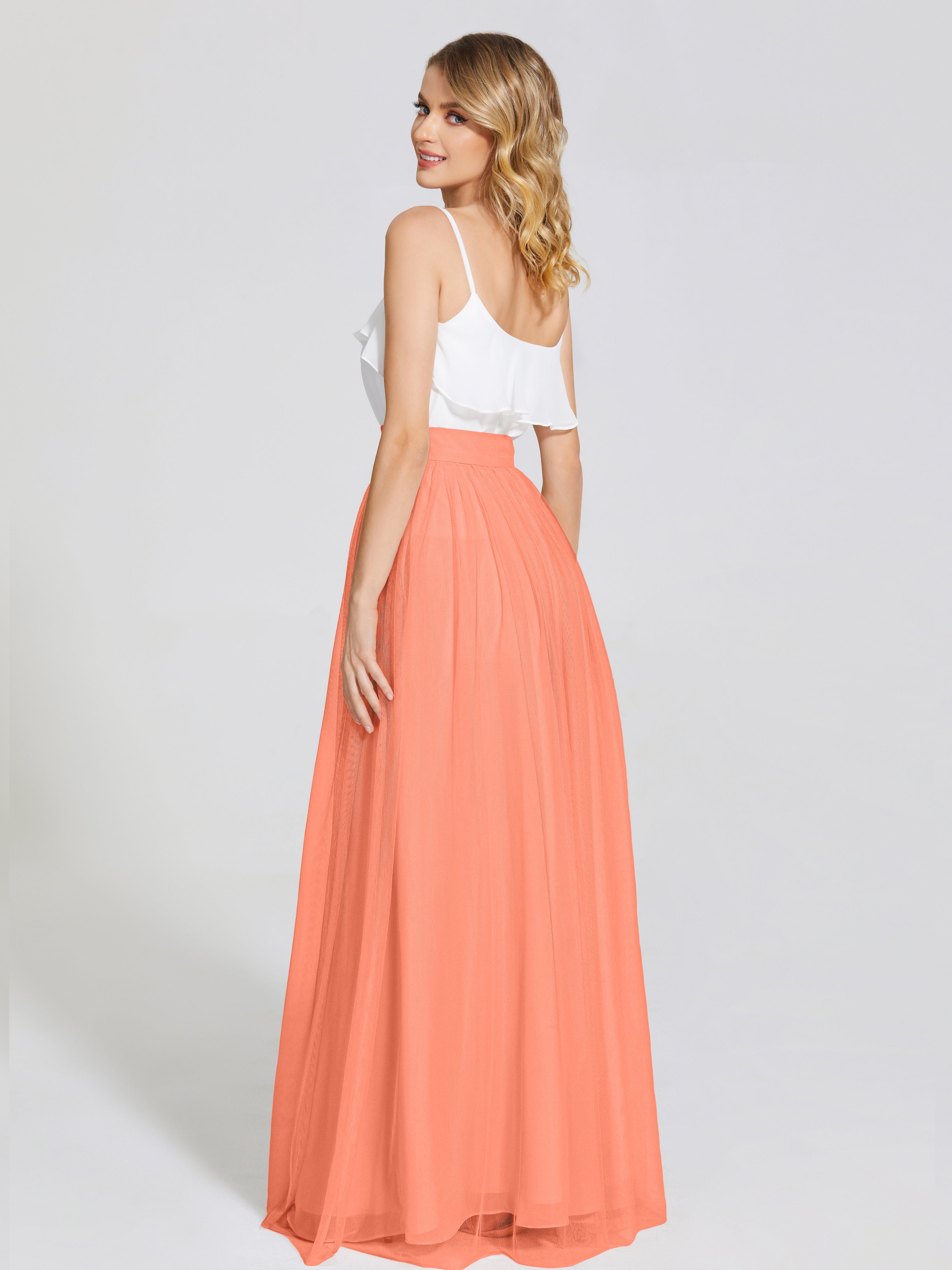 Robes De Demoiselle D'Honneur Coucher De Soleil Deux Pièces Trapèze Longue Tulle Jupe