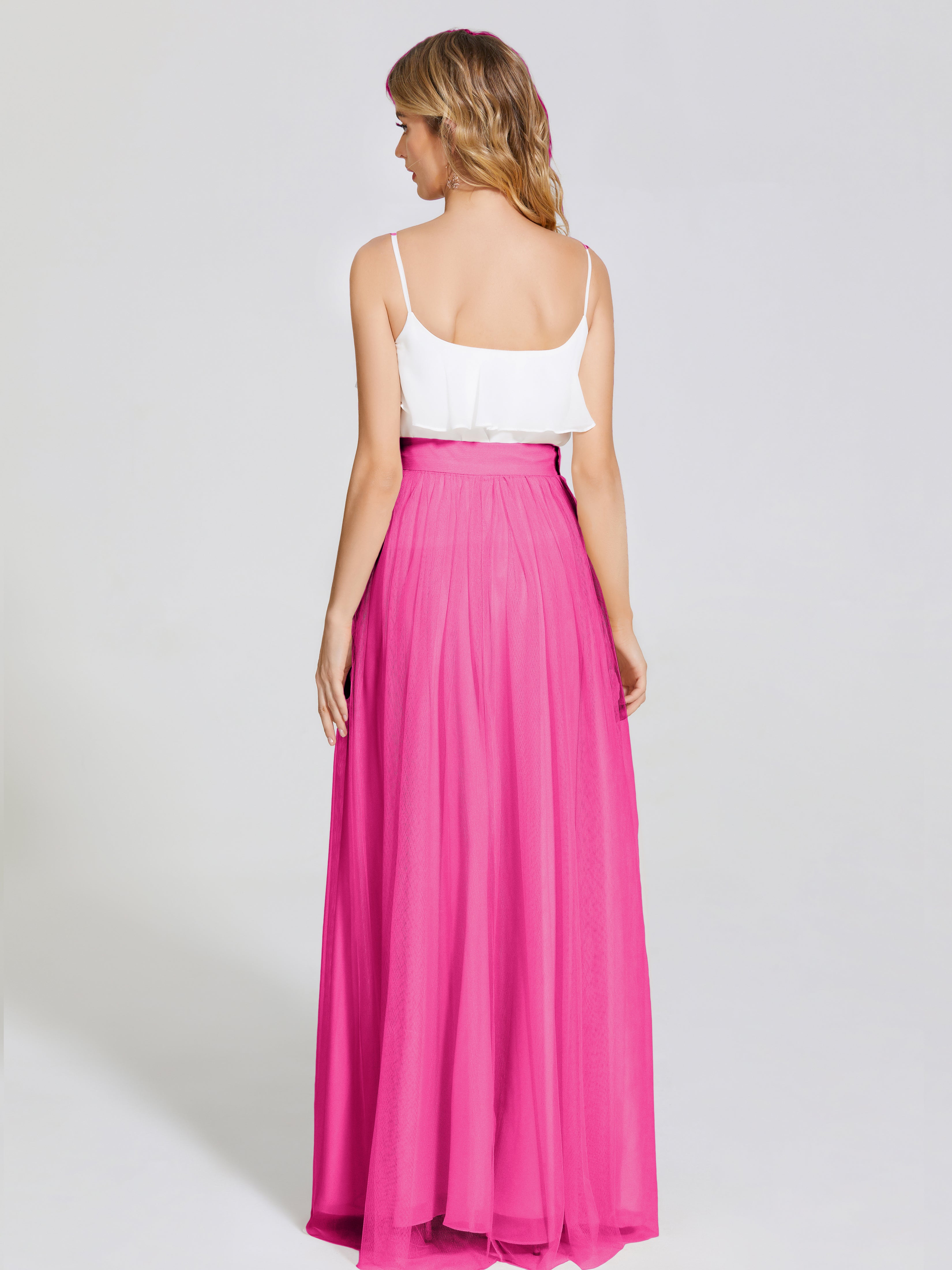 Robe Demoiselle D Honneur Rose Fuchsia Deux Pièces Trapèze Longue Tulle Jupe