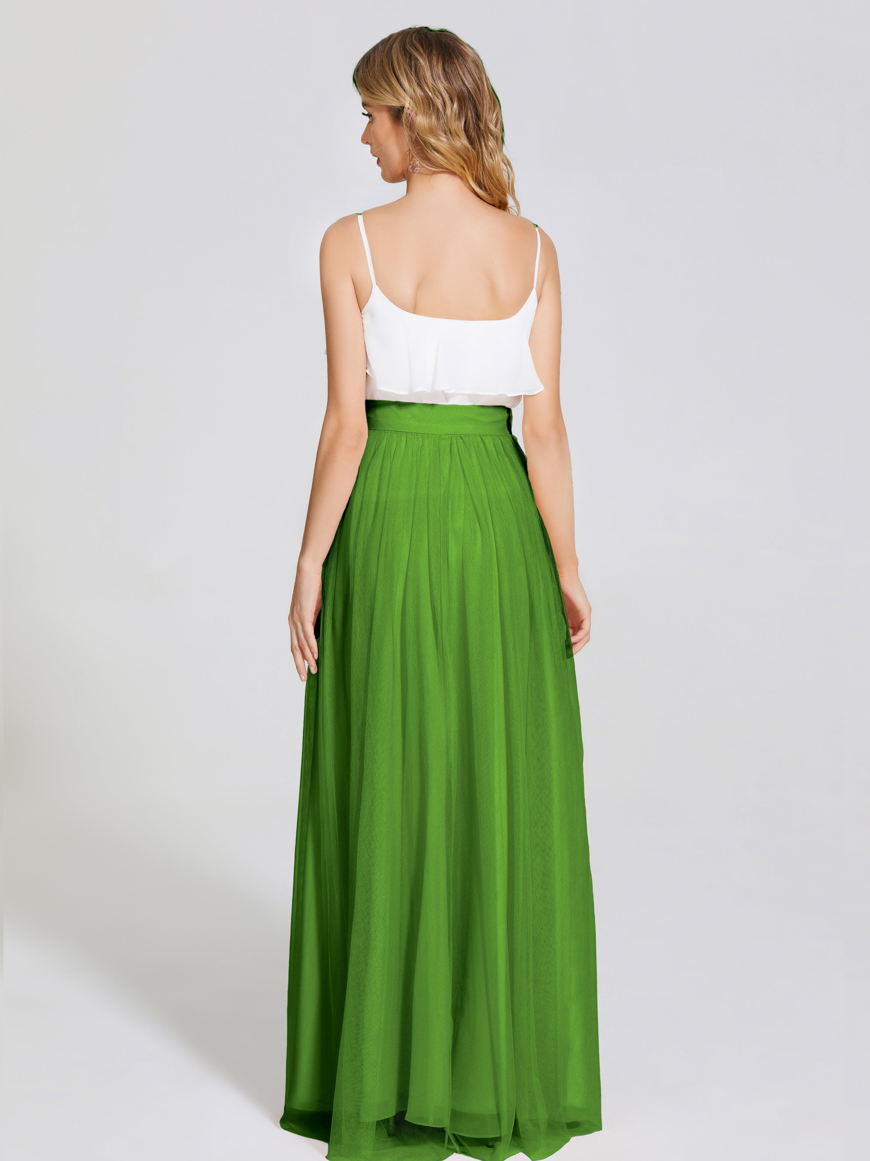 Robes De Demoiselle D'Honneur Vert Mousse Deux Pièces Trapèze Longue Tulle Jupe