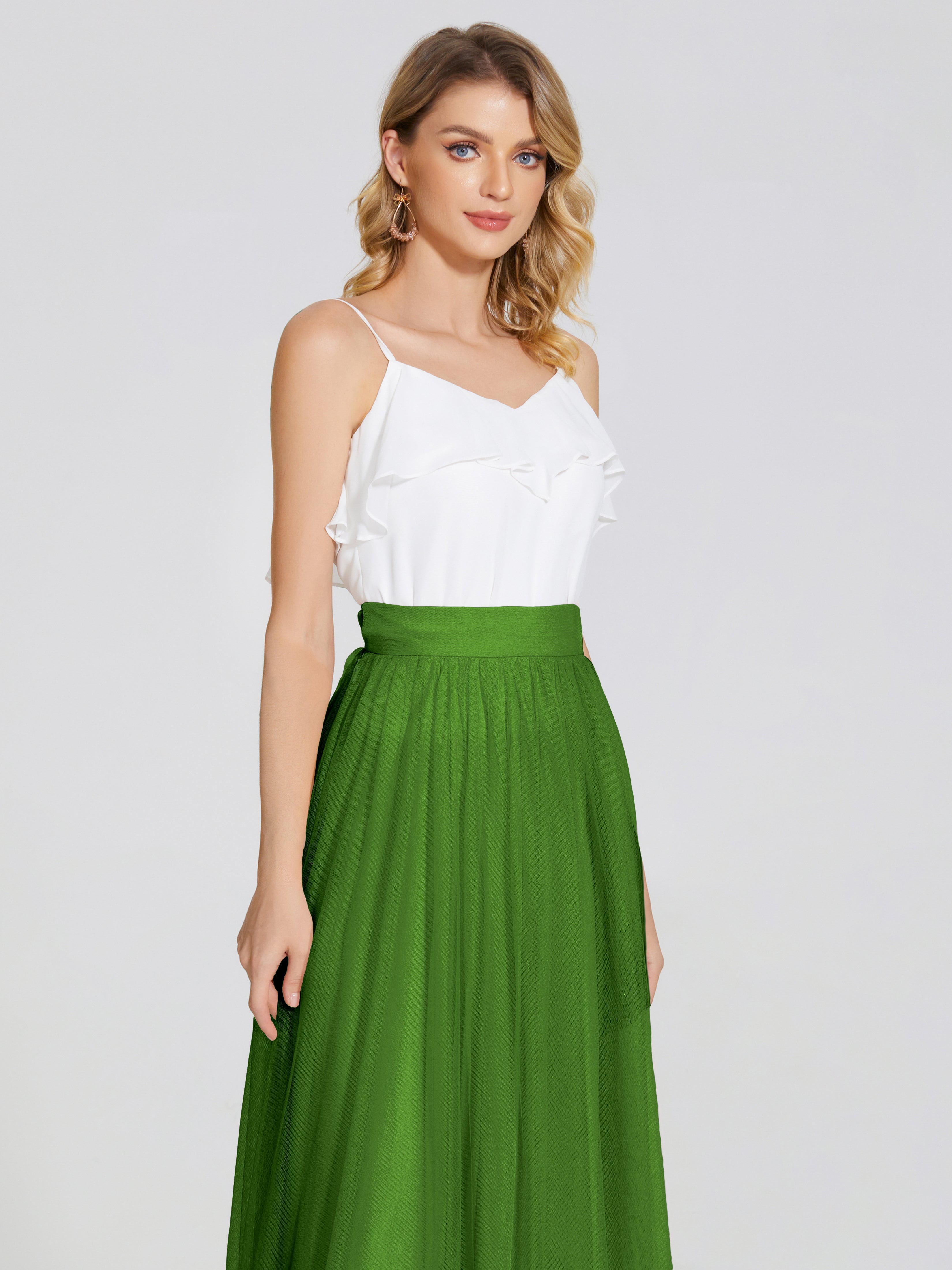 Robes De Demoiselle D'Honneur Vert Mousse Deux Pièces Trapèze Longue Tulle Jupe
