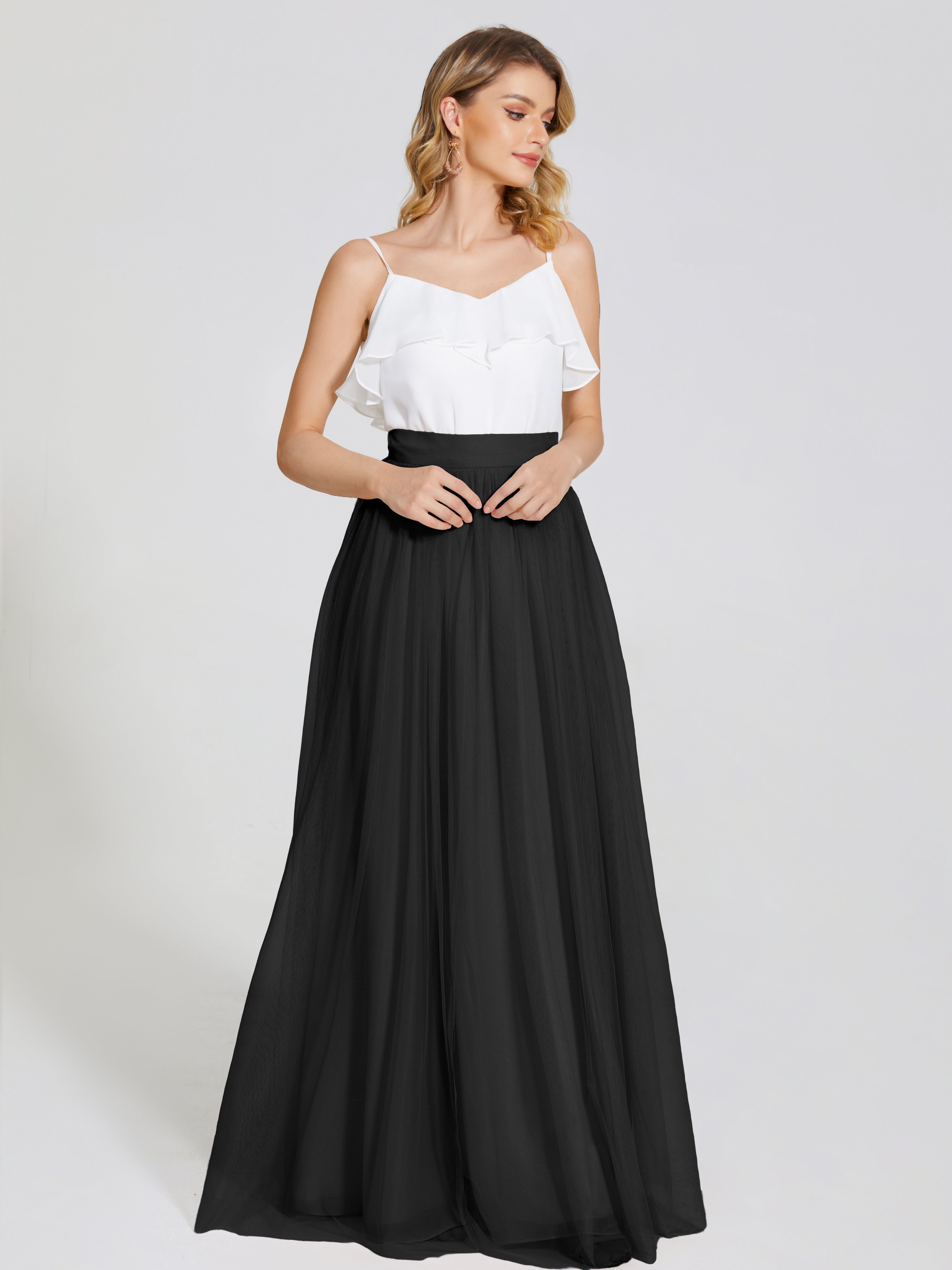 Robe Demoiselle D Honneur Noire Deux Pièces Trapèze Longue Tulle Jupe