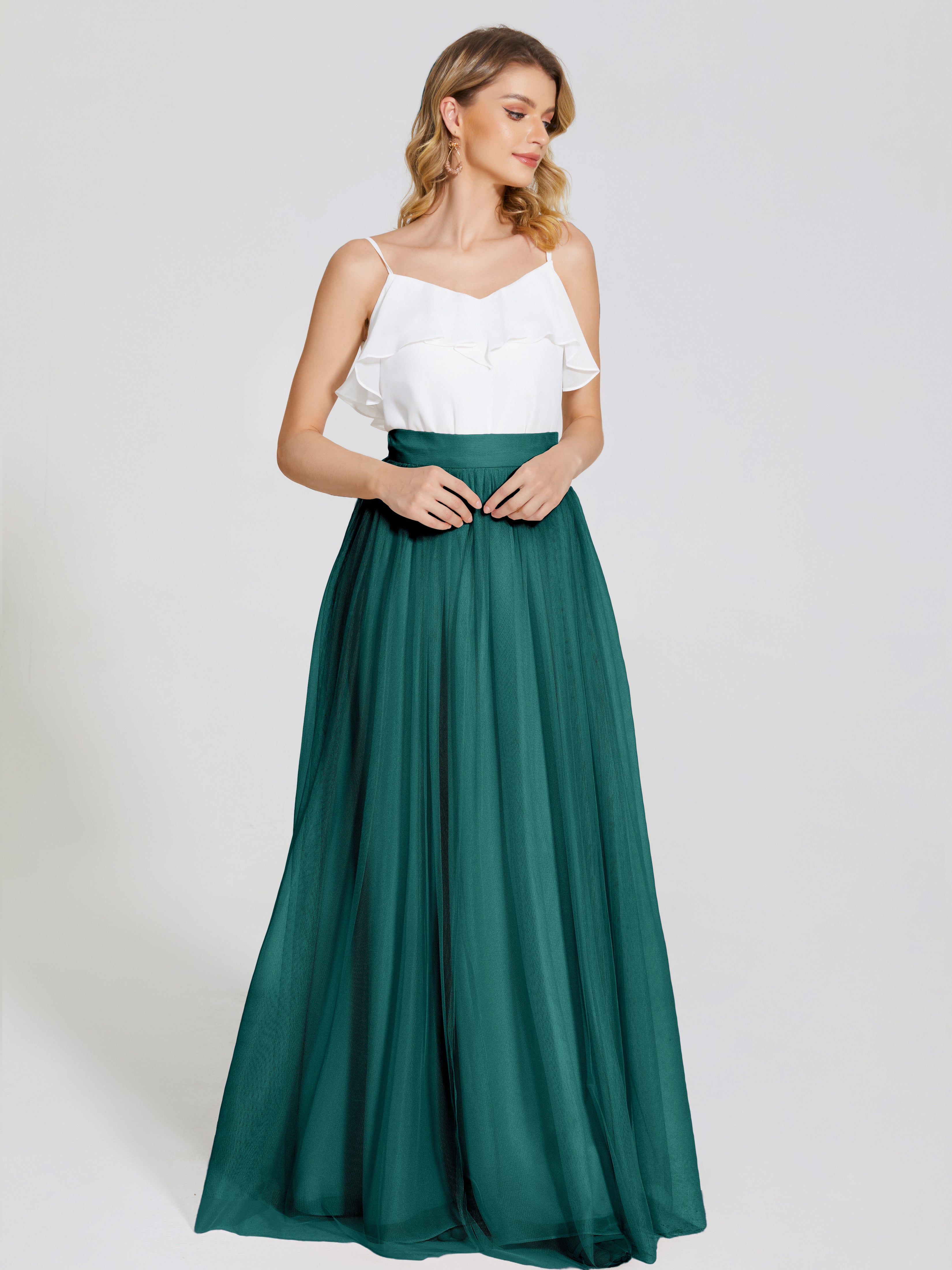 Robes De Demoiselle D'Honneur De Paon Deux Pièces Trapèze Longue Tulle Jupe
