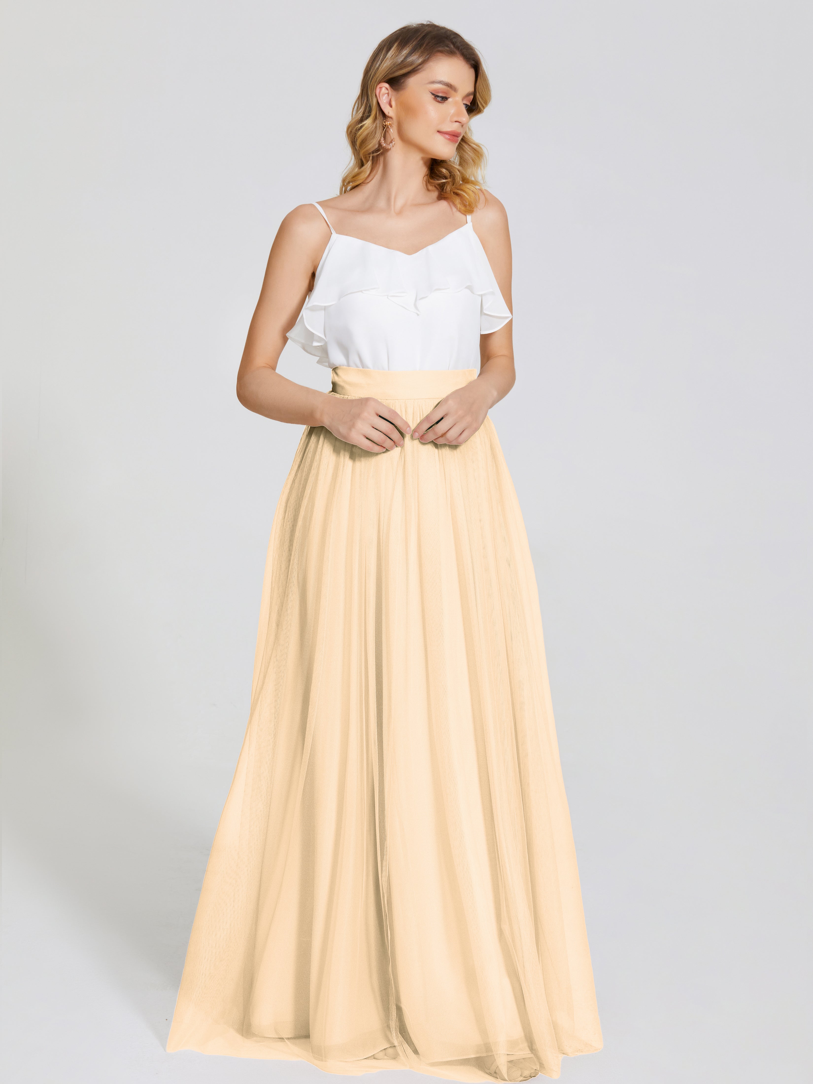 Robe De Demoiselle D Honneur Peche Deux Pièces Trapèze Longue Tulle Jupe