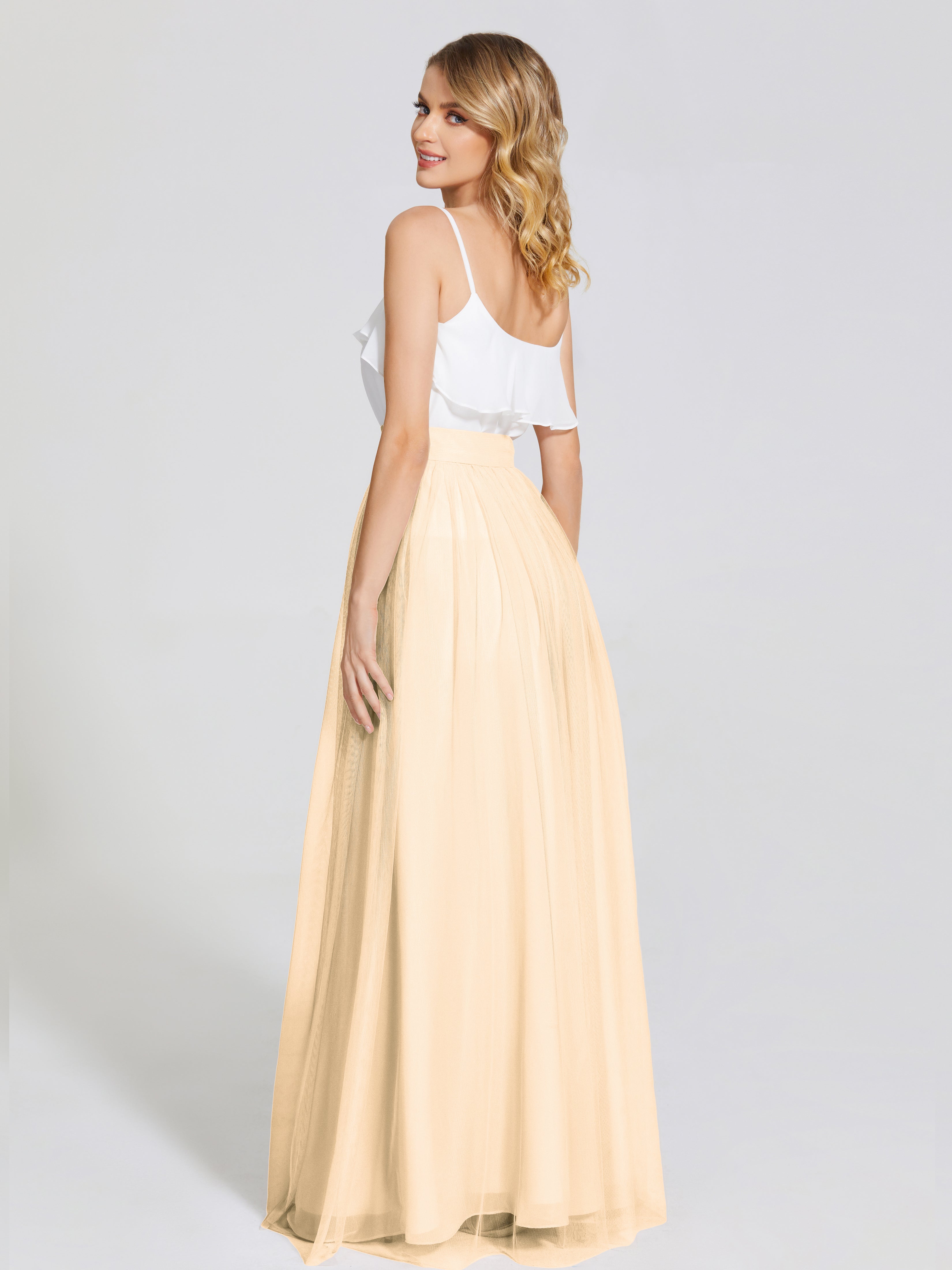 Robe De Demoiselle D Honneur Peche Deux Pièces Trapèze Longue Tulle Jupe