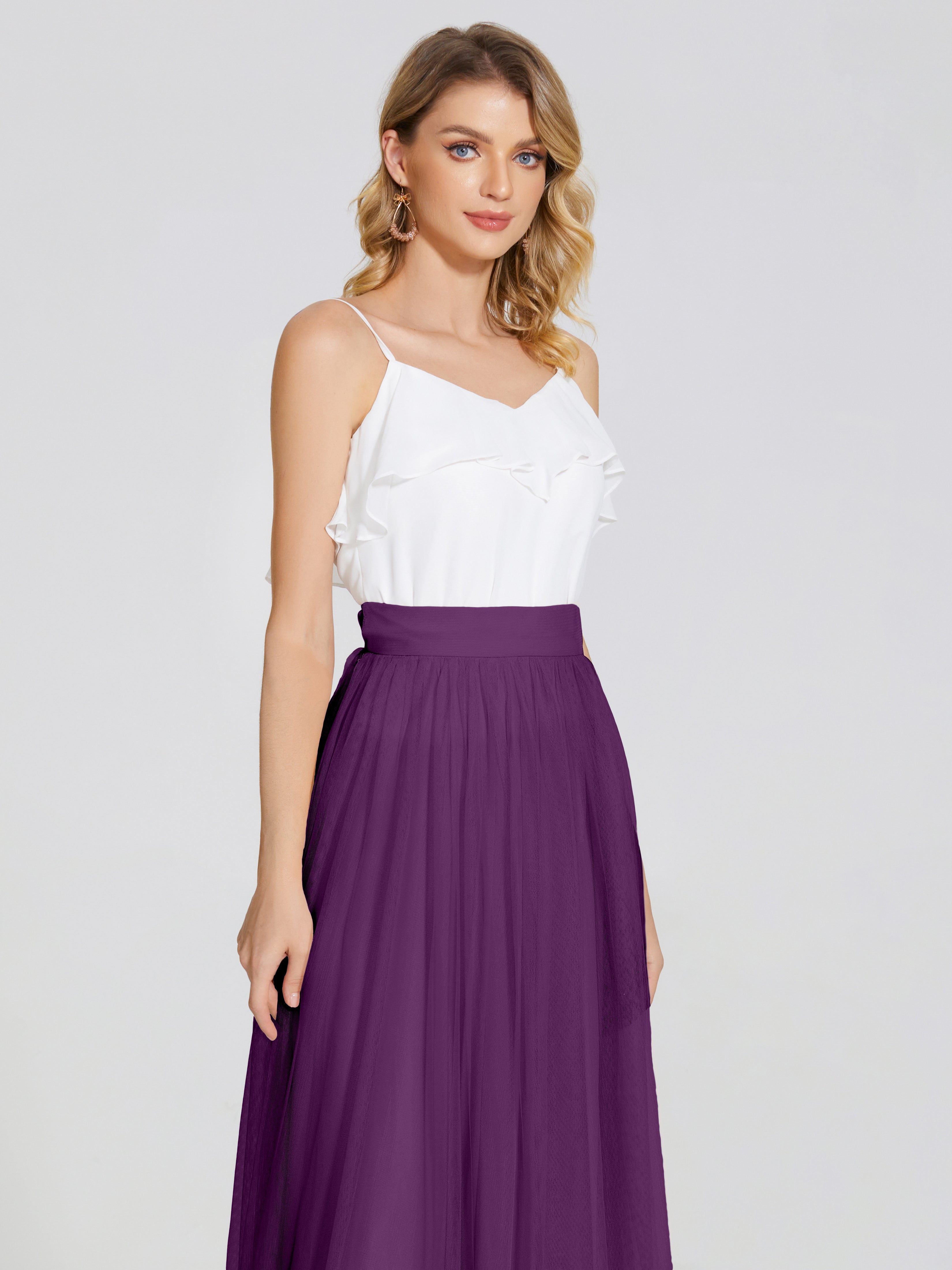 Robes De Demoiselle D'Honneur En Raisin Deux Pièces Trapèze Longue Tulle Jupe