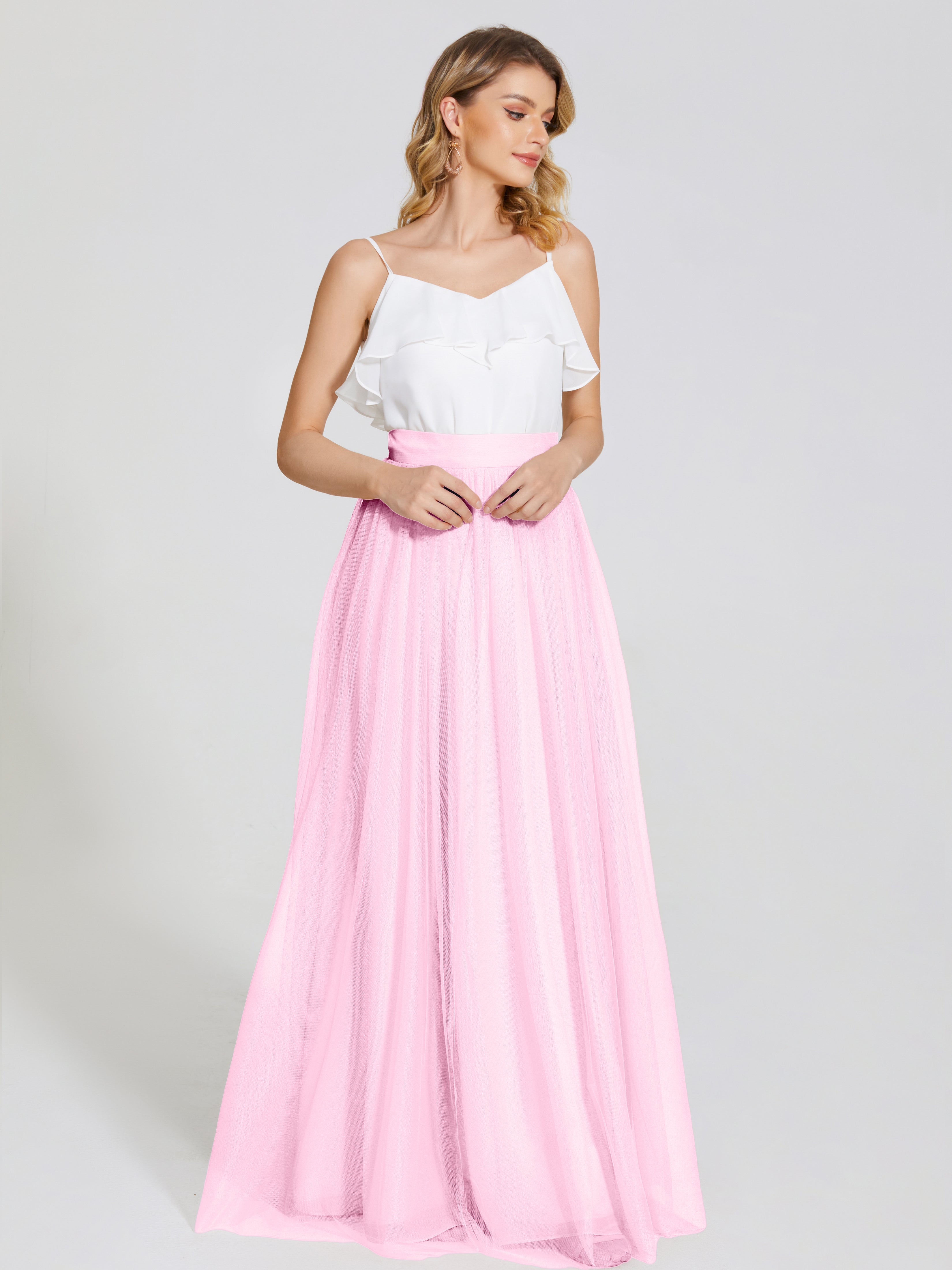 Robes De Demoiselle D'Honneur Rose Bonbon Deux Pièces Trapèze Longue Tulle Jupe