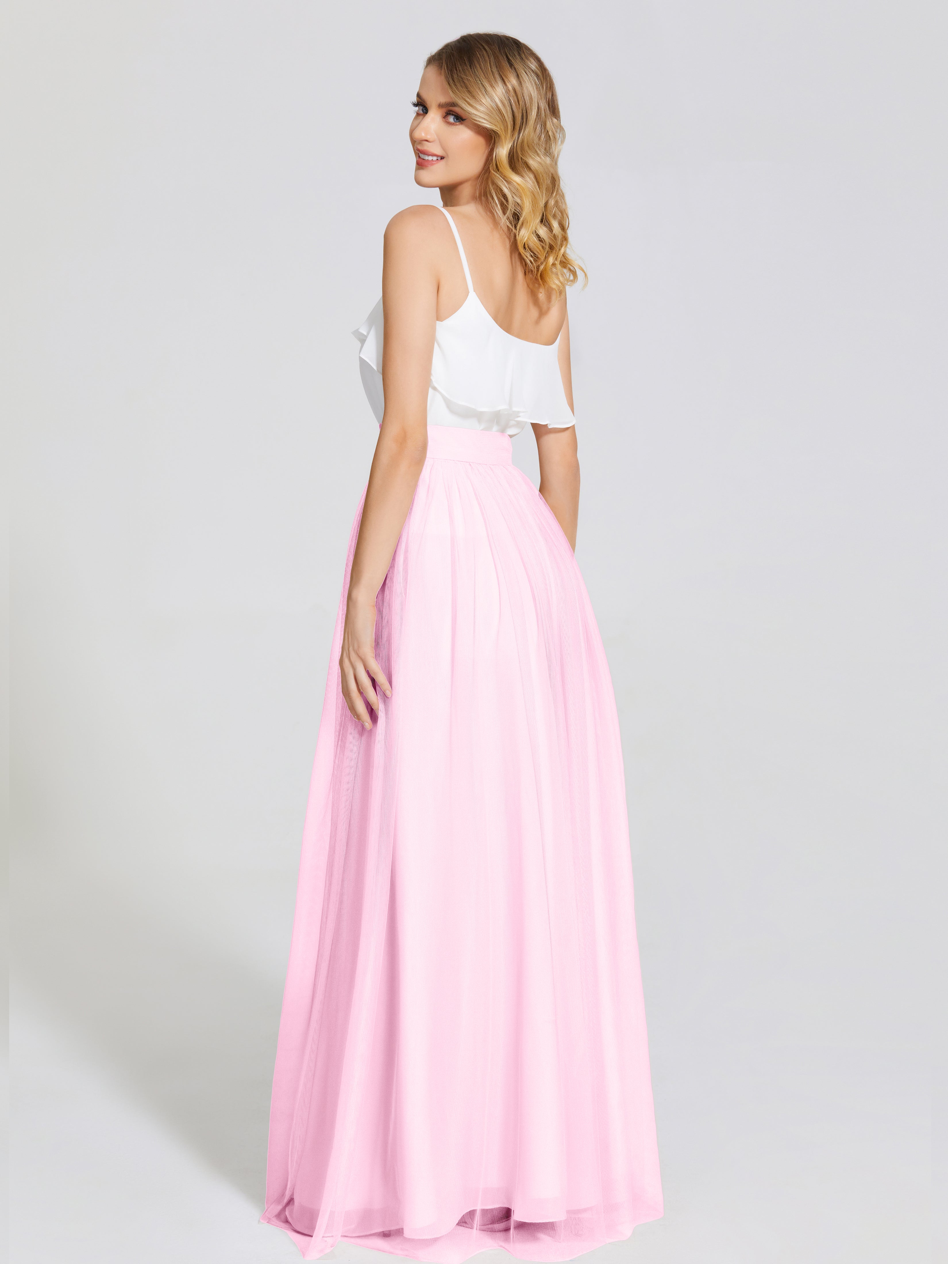 Robes De Demoiselle D'Honneur Rose Bonbon Deux Pièces Trapèze Longue Tulle Jupe
