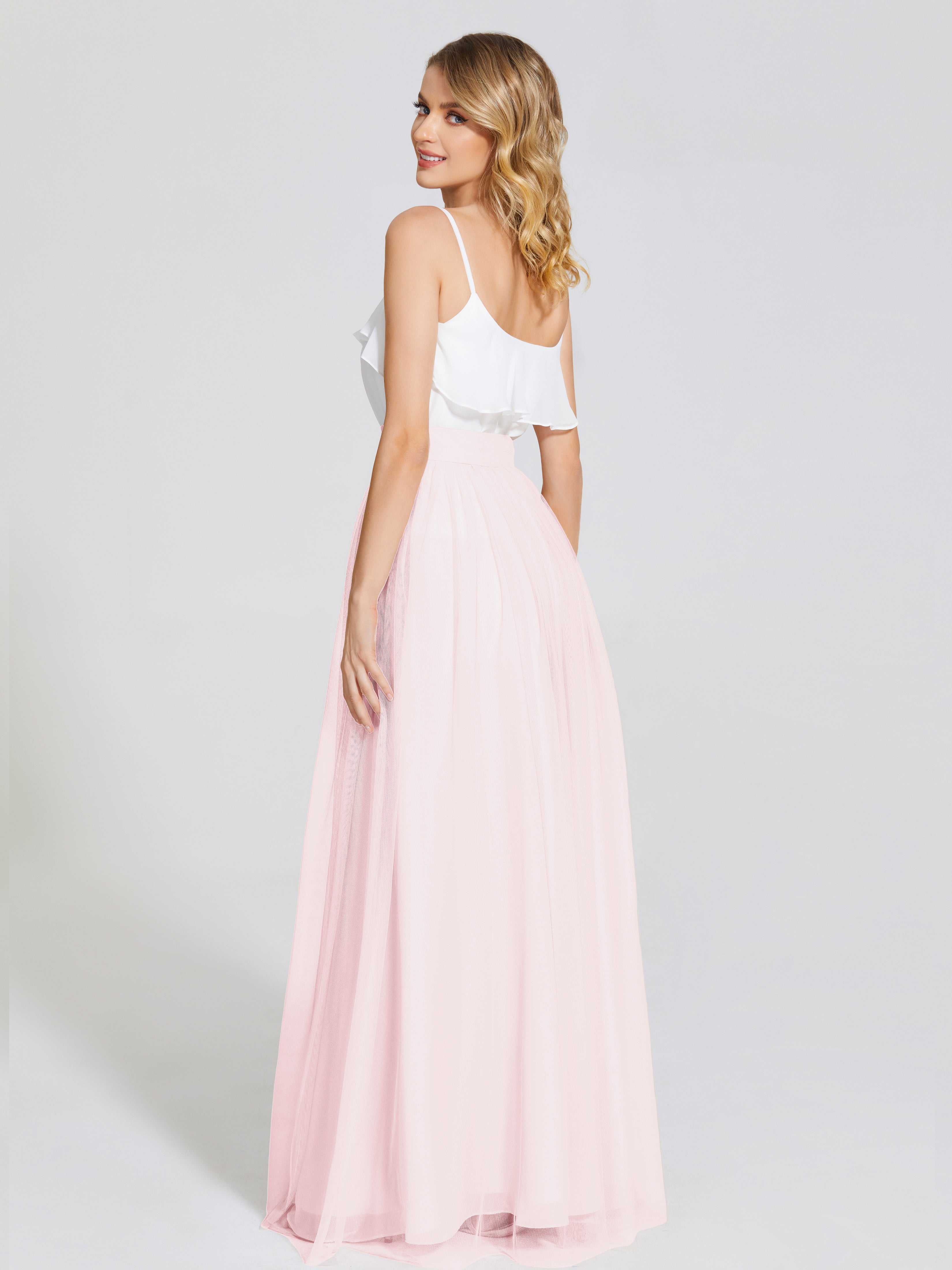 Demoiselle D Honneur Rose Pale Deux Pièces Trapèze Longue Tulle Jupe