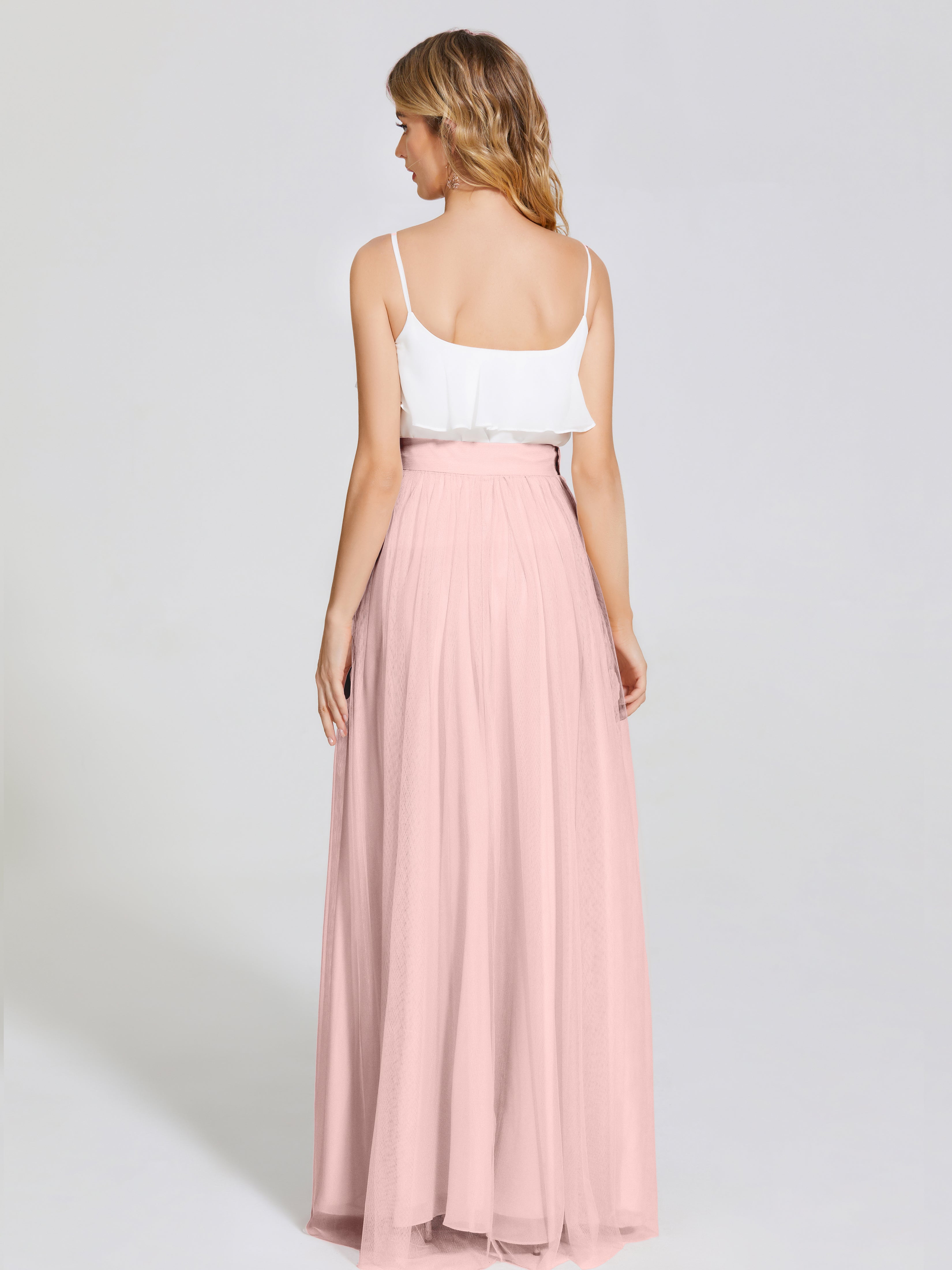 Robe Rose Poudré Demoiselle D Honneur Deux Pièces Trapèze Longue Tulle Jupe