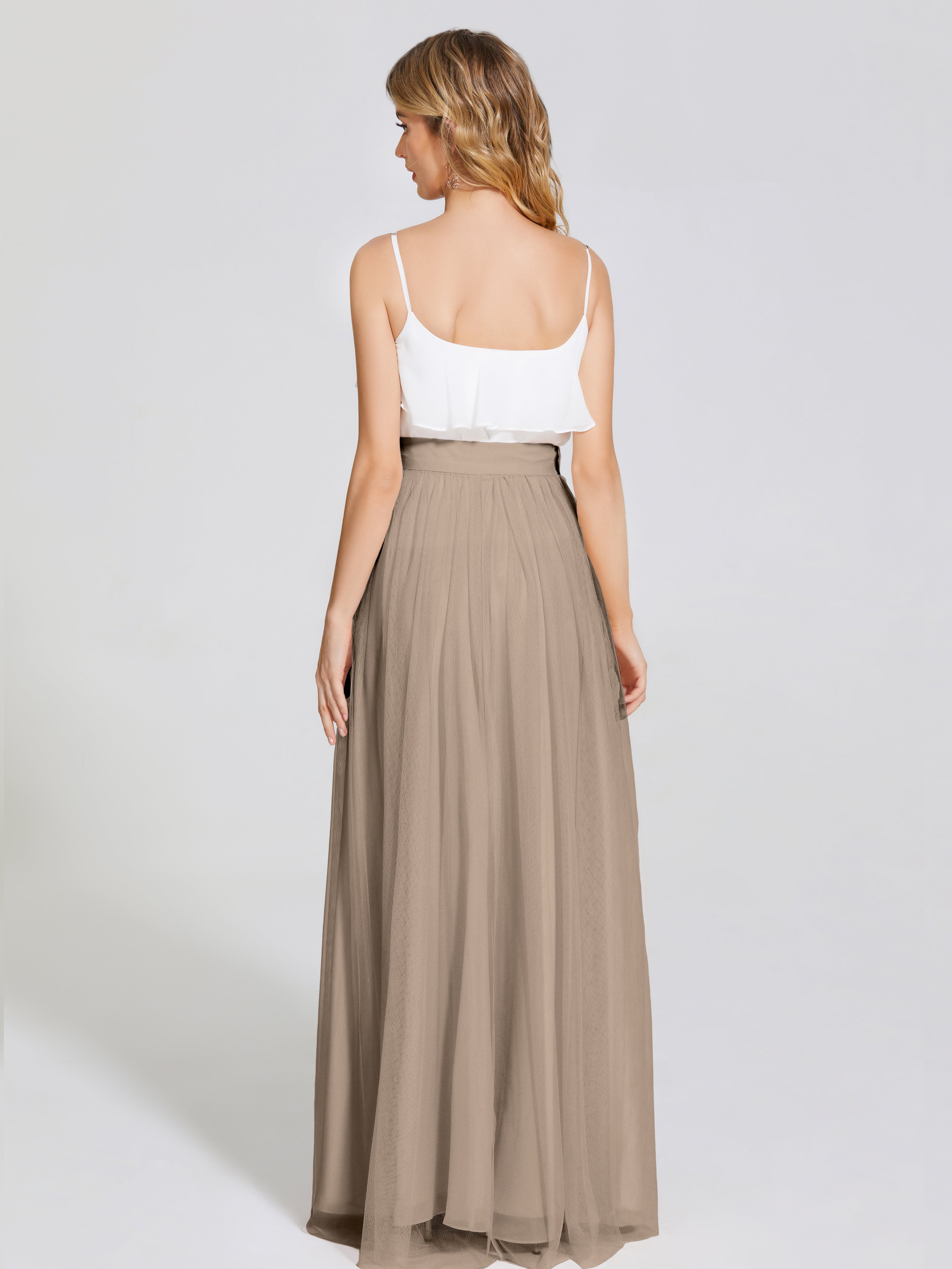 Couleur Taupe Robe Deux Pièces Trapèze Longue Tulle Jupe