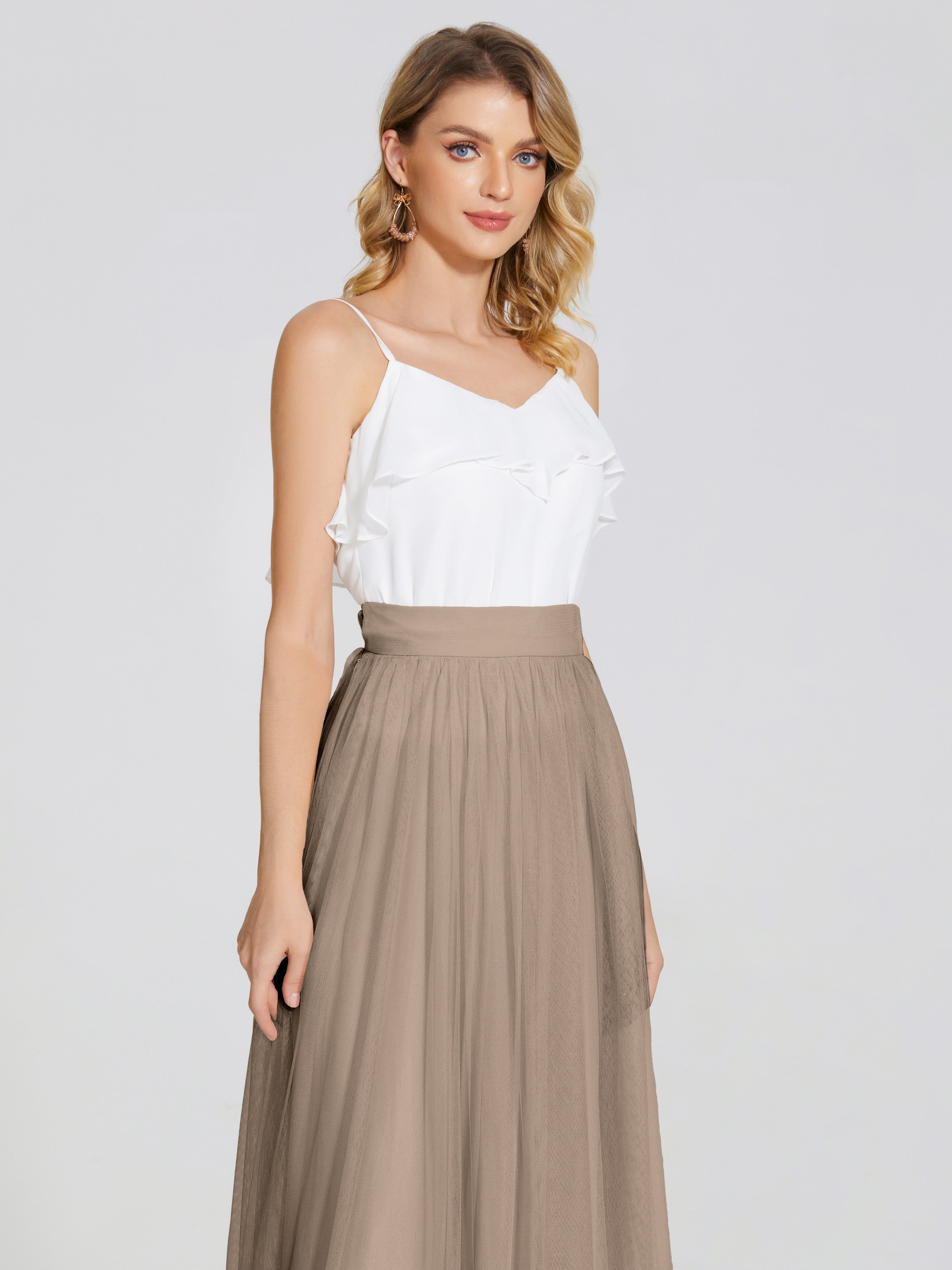 Couleur Taupe Robe Deux Pièces Trapèze Longue Tulle Jupe