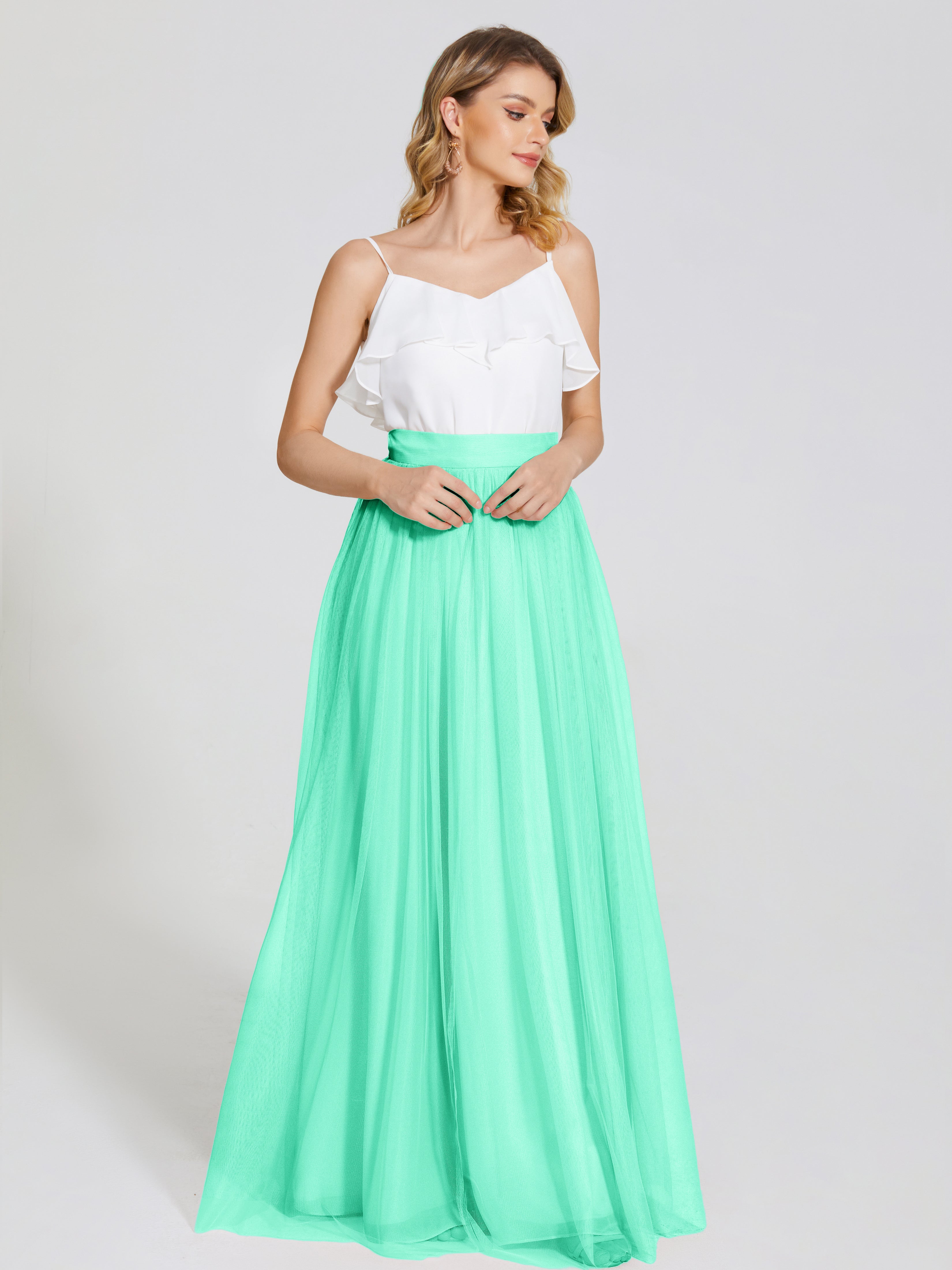Demoiselle Dhonneur Robe Bleu Turquoise Deux Pièces Trapèze Longue Tulle Jupe