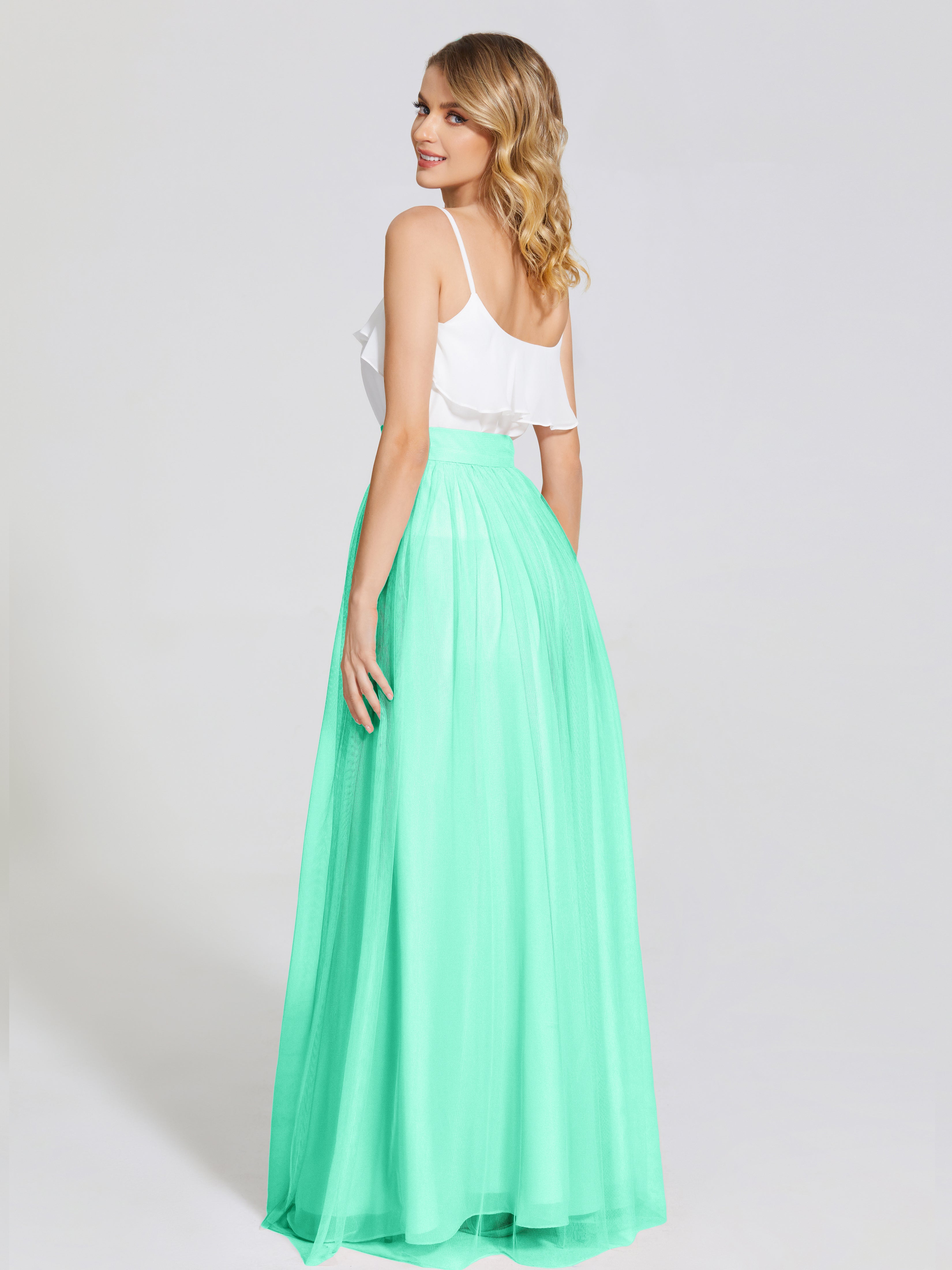 Demoiselle Dhonneur Robe Bleu Turquoise Deux Pièces Trapèze Longue Tulle Jupe